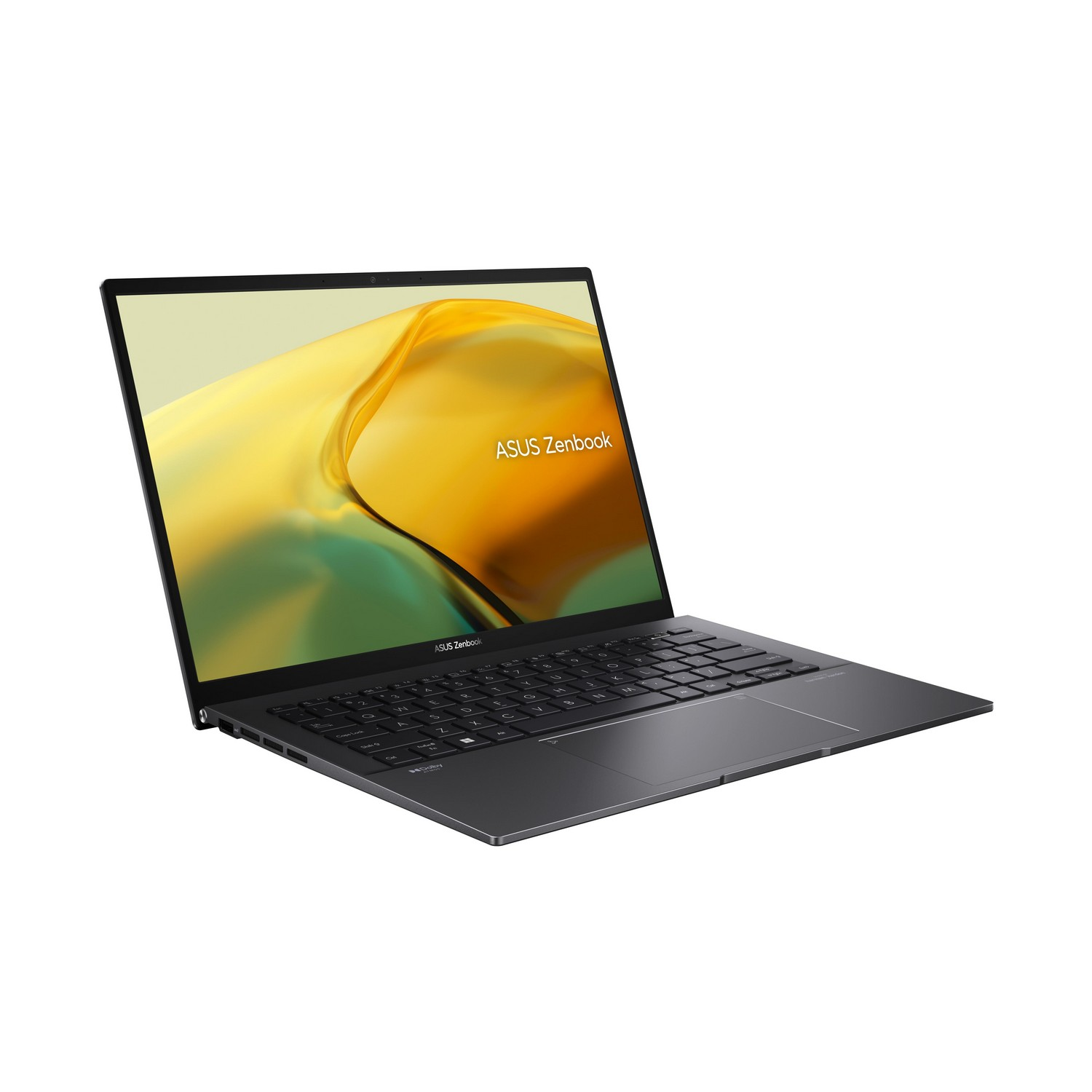 Open laptop met een zwart toetsenbord en een scherm met een gele en oranje gradiënt.