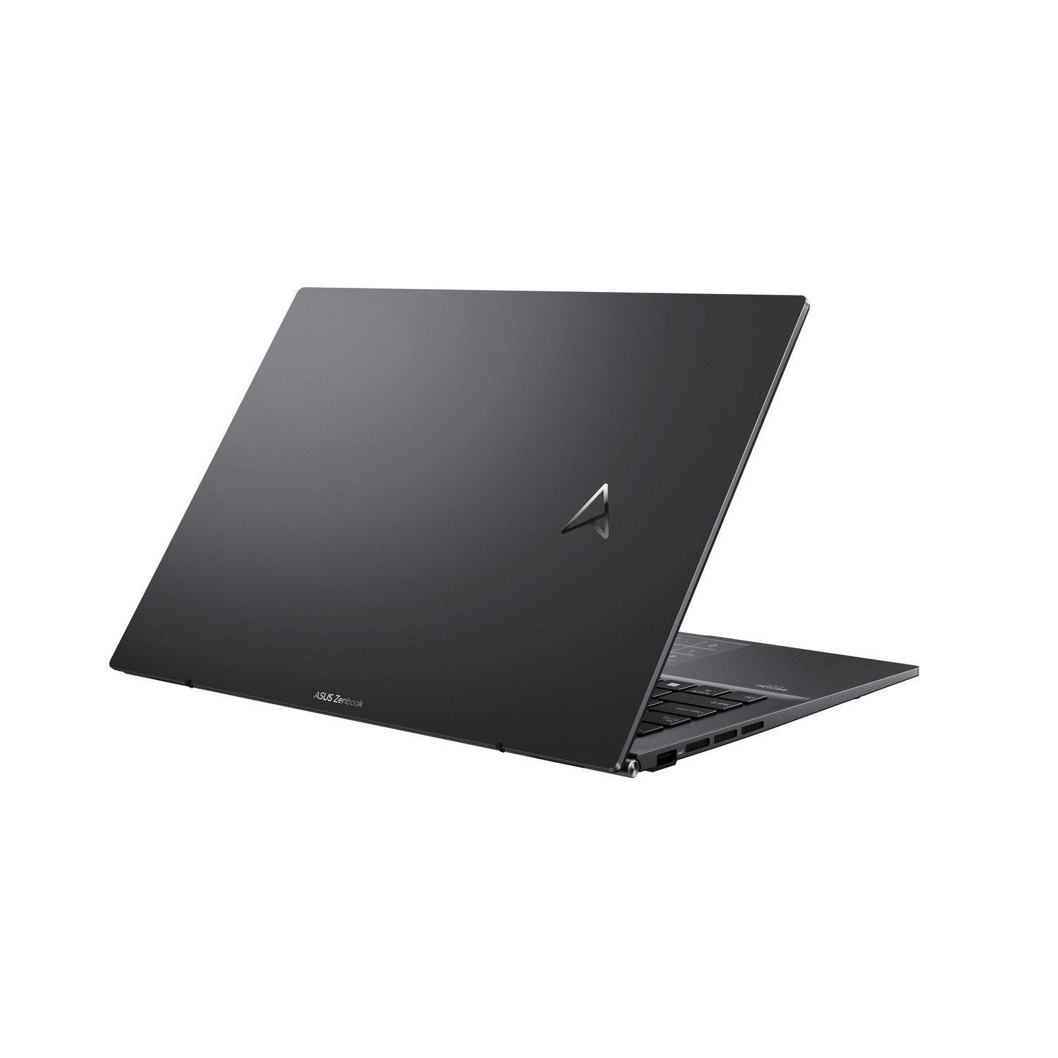 Een zwarte laptop met het Asus Zenbook-logo op de achterkant.