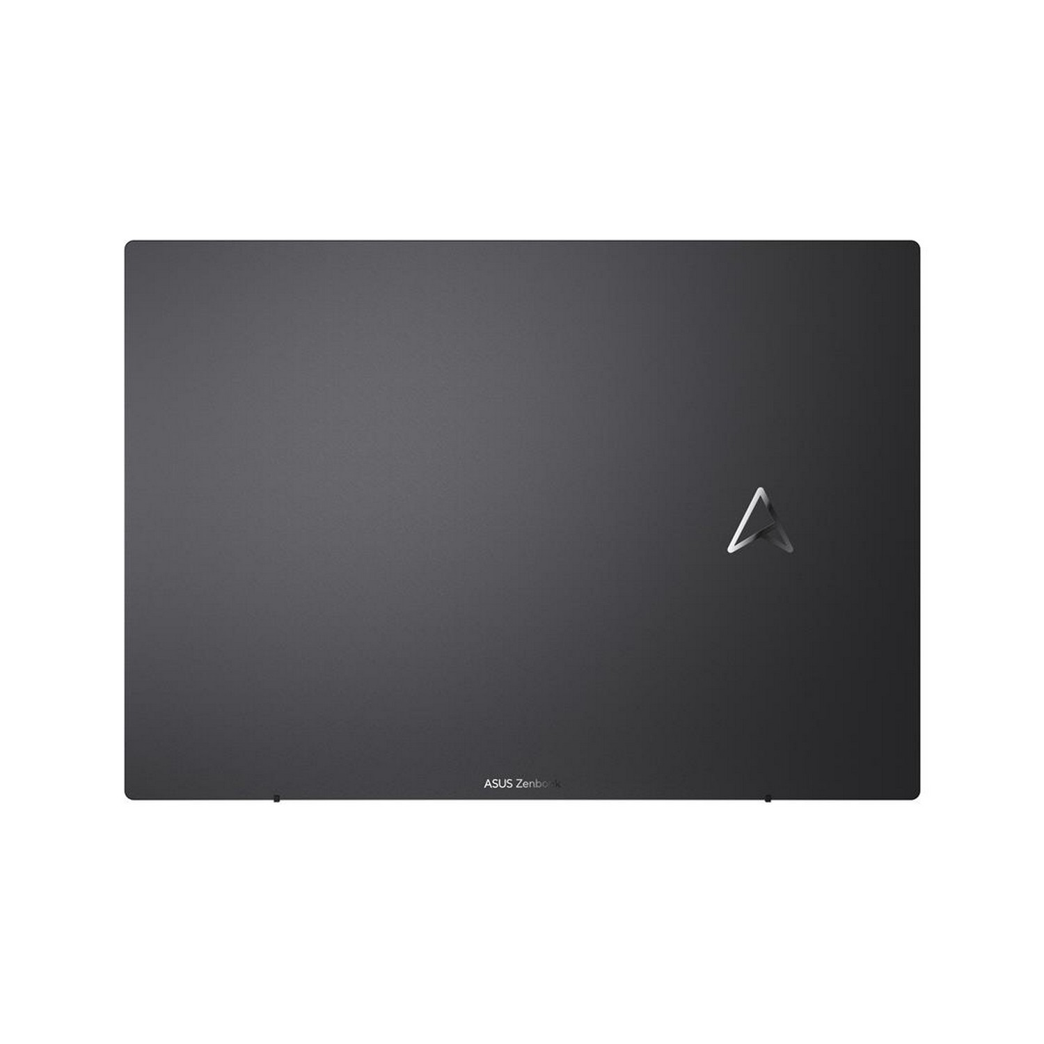 Donkergrijze ASUS laptop. Bovenaanzicht, gesloten. ASUS logo in de hoek. Witte achtergrond.