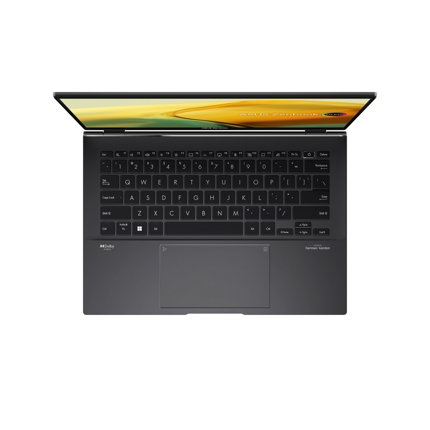 Laptop toetsenbord, touchpad en scherm, bovenaanzicht.