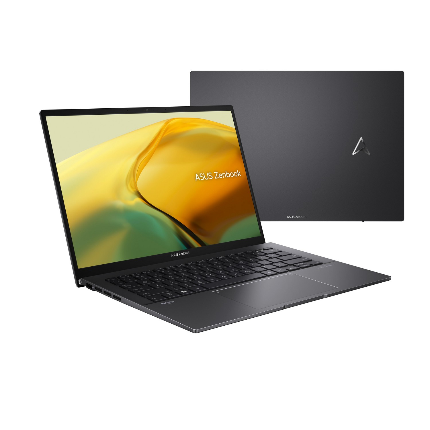 Asus Zenbook laptop, donkergrijs, open, met toetsenbord en scherm, en gesloten op witte achtergrond.