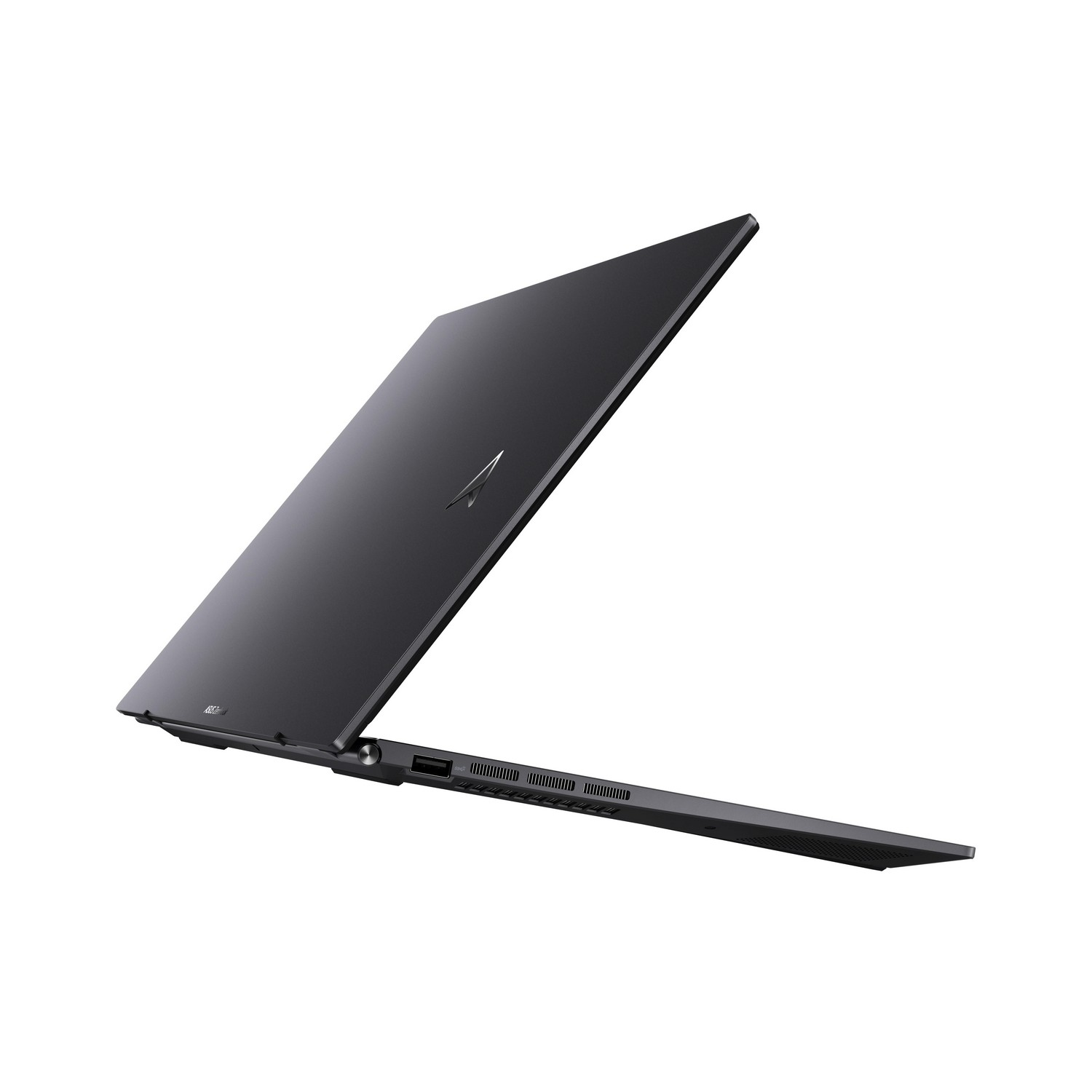 Zwarte laptop vanuit een hoek met het scherm open, met zijn zijprofiel.