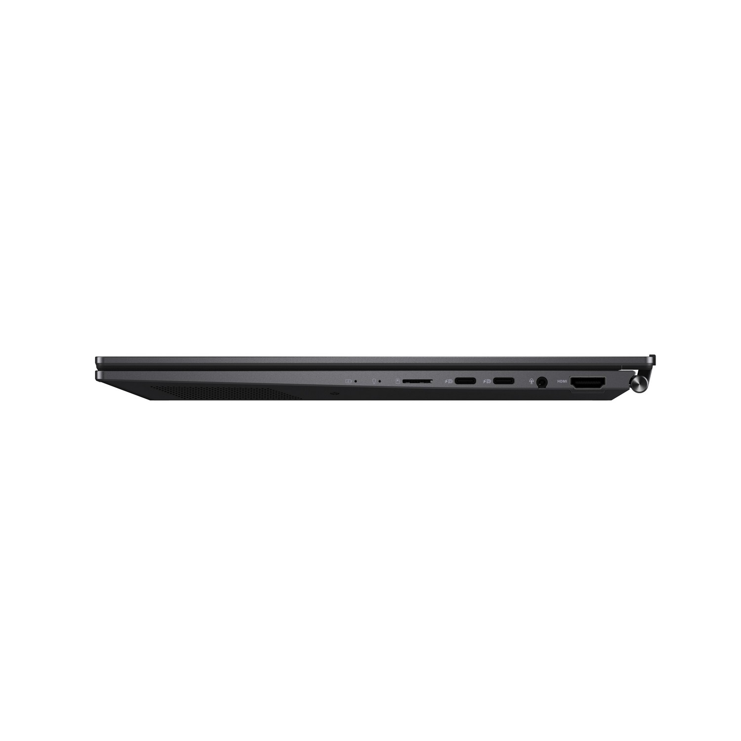 Zijaanzicht van een zwarte laptop met poorten en een scharnier tegen een witte achtergrond.