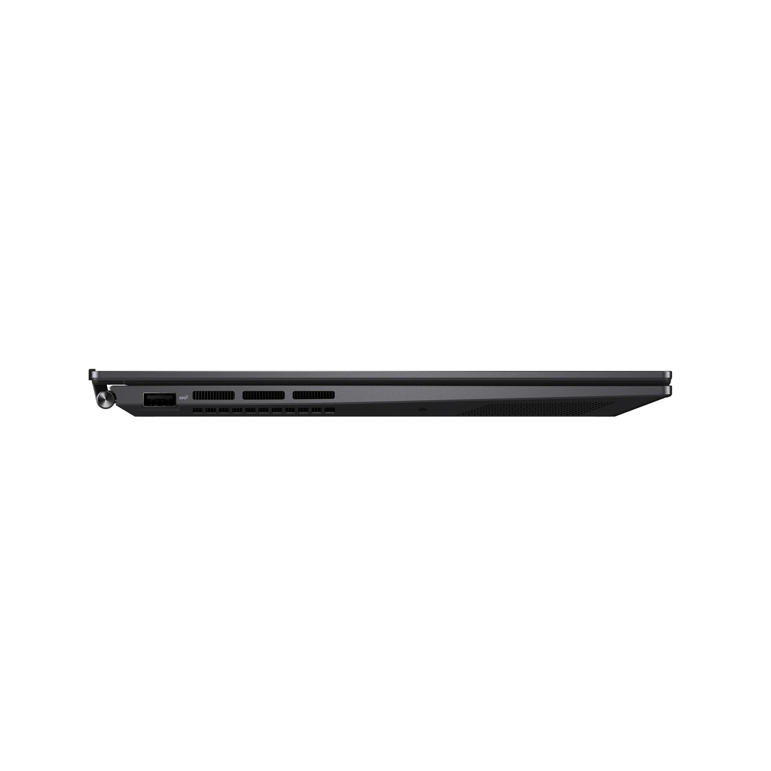 Een zwarte laptop met de zijkant naar boven op een witte achtergrond.