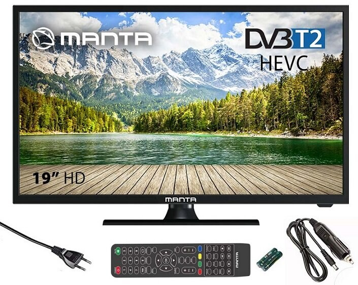 Telewizor Manta 19" HD z kablem zasilającym, pilotem i bateriami na stole.