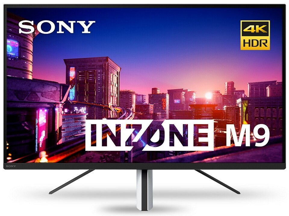 Monitor Sony INZONE M9 wyświetla miasto o zmierzchu. Tekst: SONY, 4K HDR, INZONE M9.