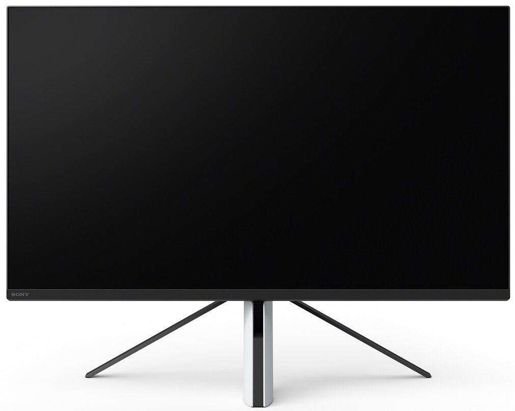 Czarny telewizor Sony z minimalistycznym stojakiem. Ekran jest czarny, odbija kamerę.