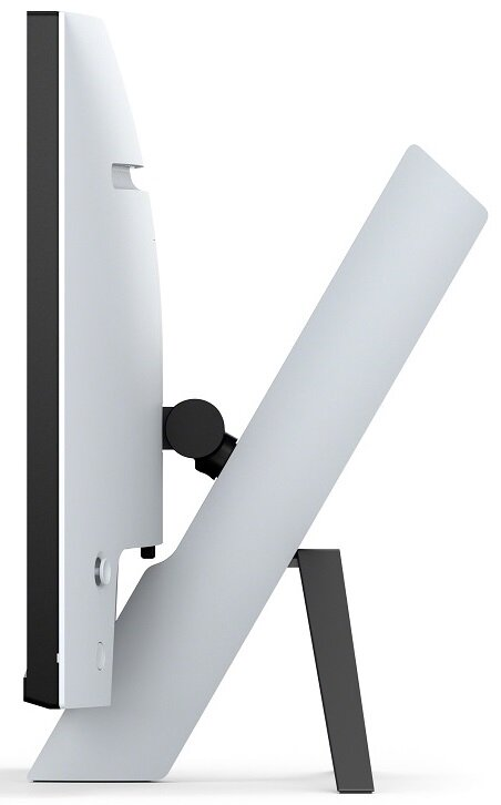 Widok z boku białego monitora z białym stojakiem, czarnym zawiasem i podstawą.