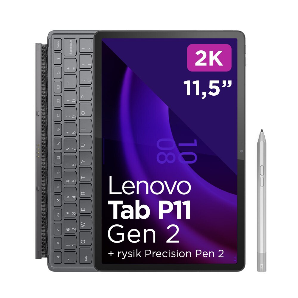 Tablet Lenovo z klawiaturą i rysikiem. Tekst: Lenovo Tab P11 Gen 2.