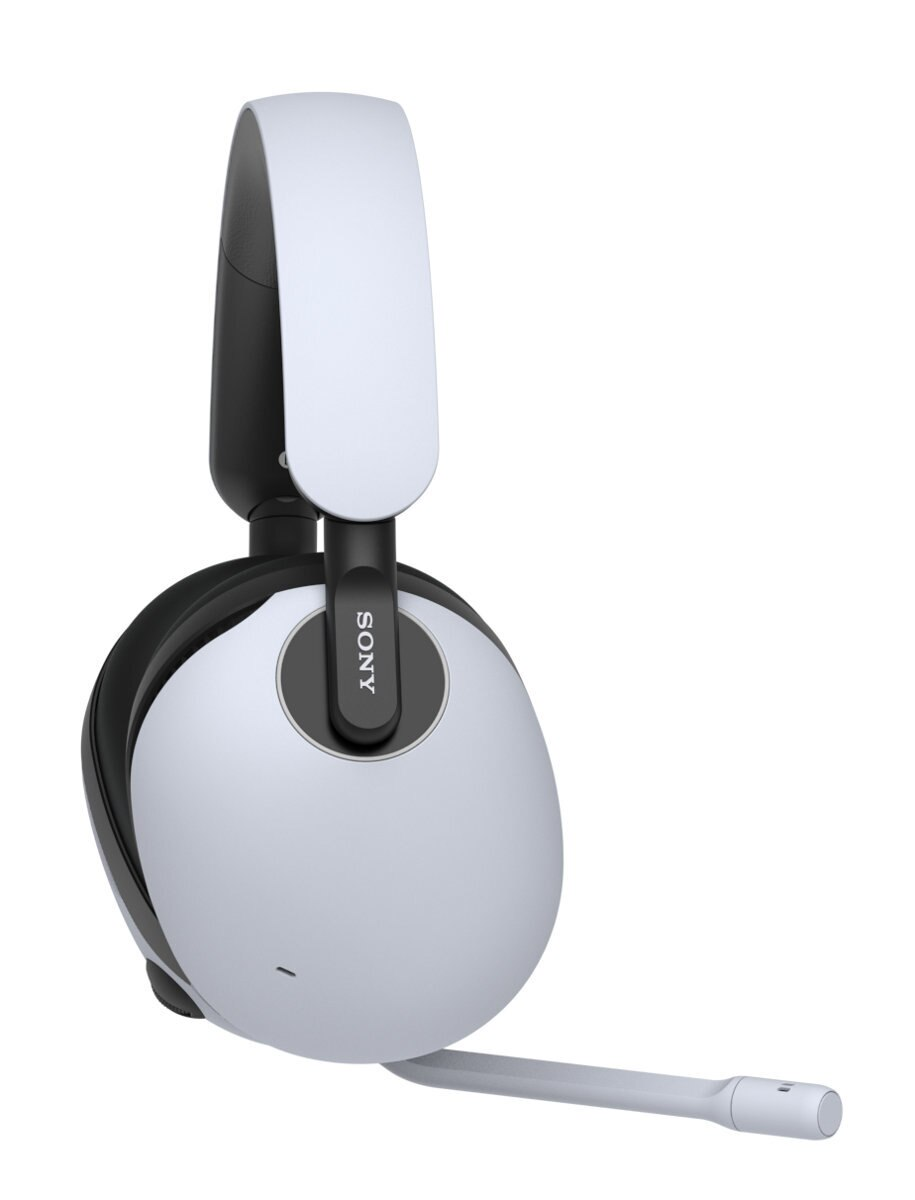Zestaw słuchawkowy do gier Sony. Biało-czarny design. Mikrofon przymocowany i skierowany w dół.