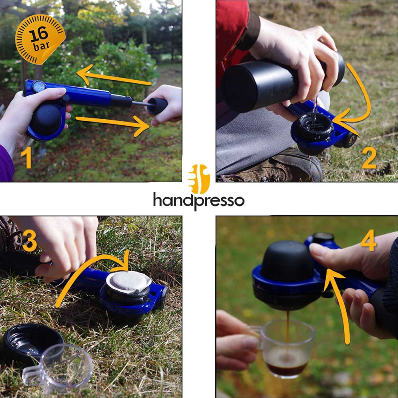 Handpresso hordozható eszpresszó gép, a használat lépéseivel.