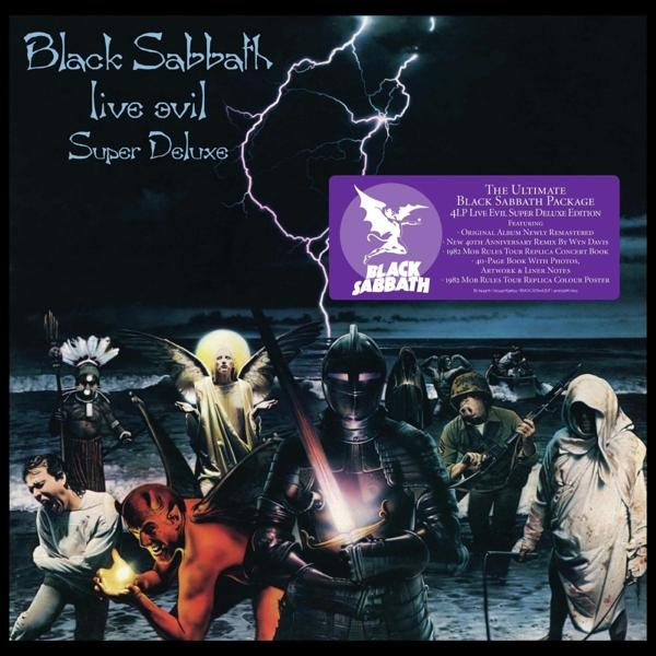 A Black Sabbath Live Evil című albumának borítója, démonok és figurák fantasy művészetével.