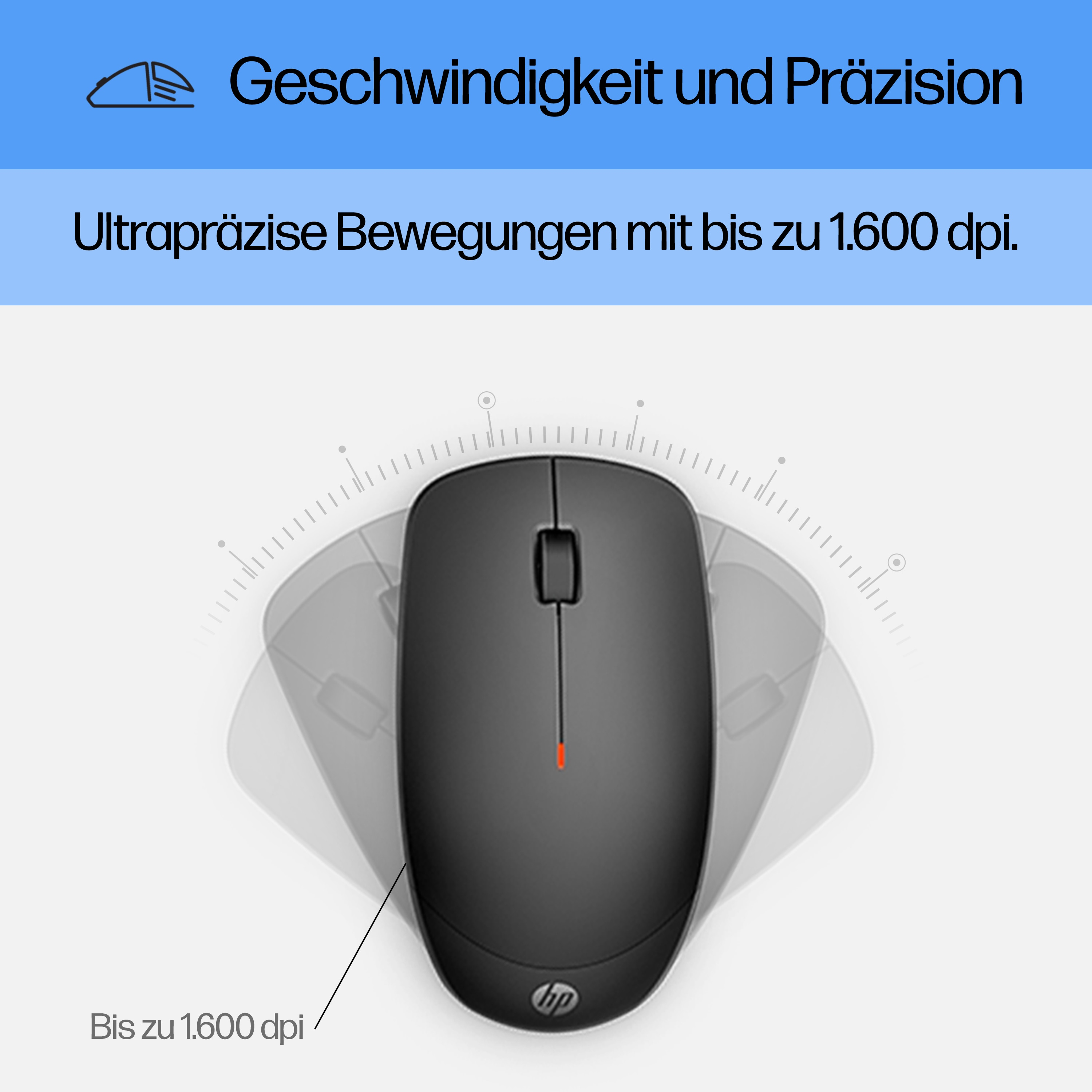 Schwarze Maus mit HP-Logo. Zeigt Bewegungsbögen mit dem Text '1.600 dpi'.