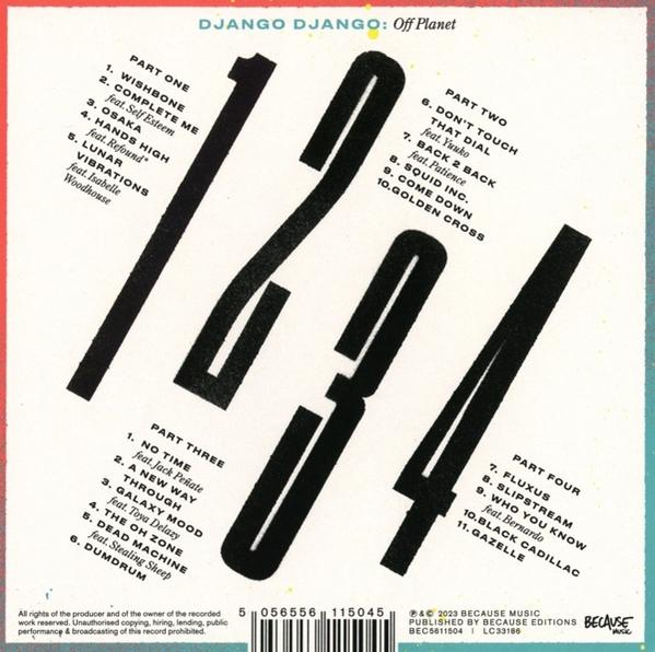 Ein Musikalbum-Cover mit einer Titelliste. Die Worte "Django Django: Off Planet" sind sichtbar.