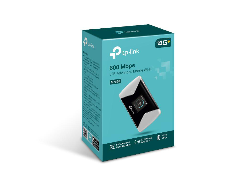 TP-Link 4G+ Mobile Wi-Fi Router. Box mit Router-Bild. Weißer und schwarzer Router. 600 Mbit/s, AC1200 Wi-Fi.