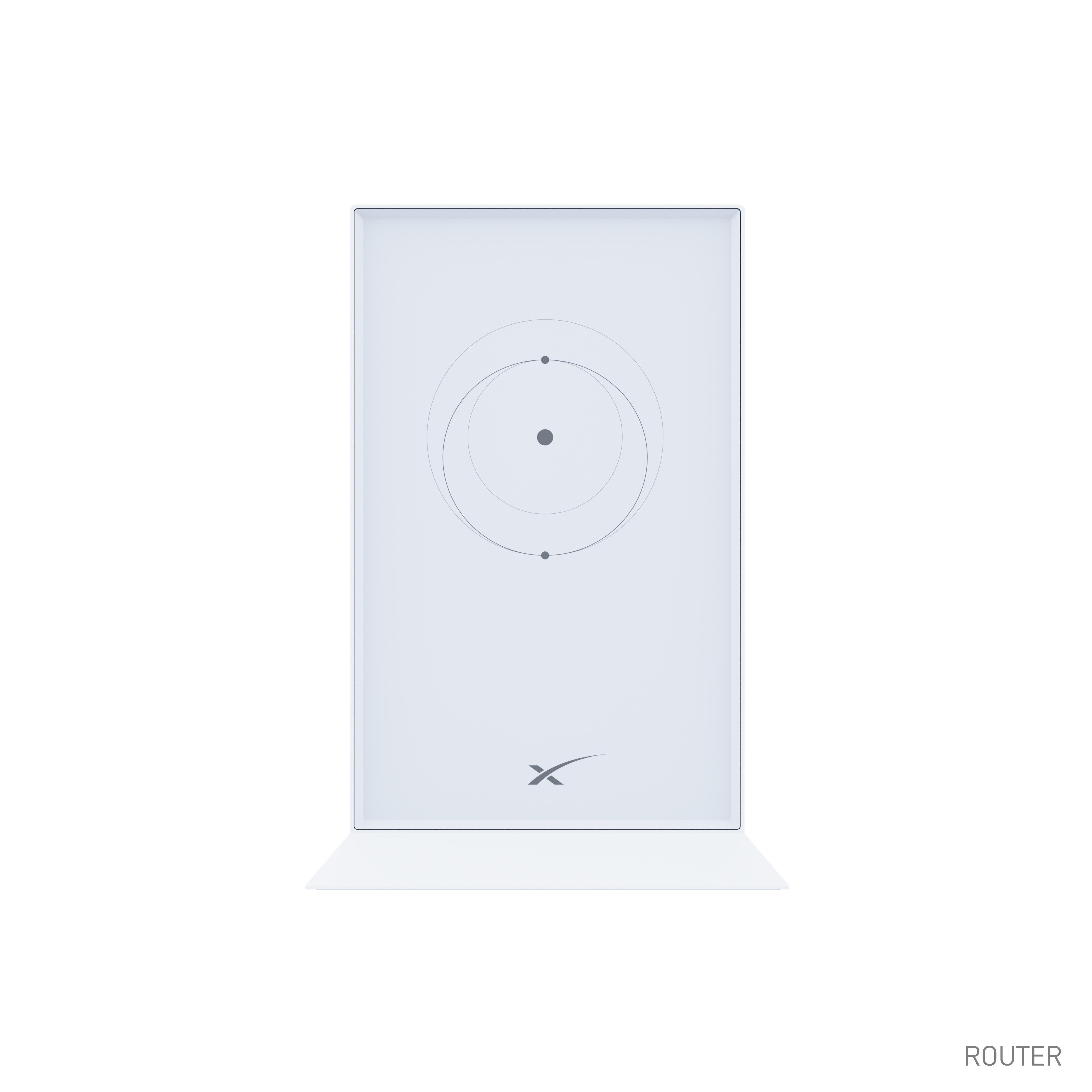 Ein weißer, rechteckiger Router mit SpaceX-Logo und Ständer.