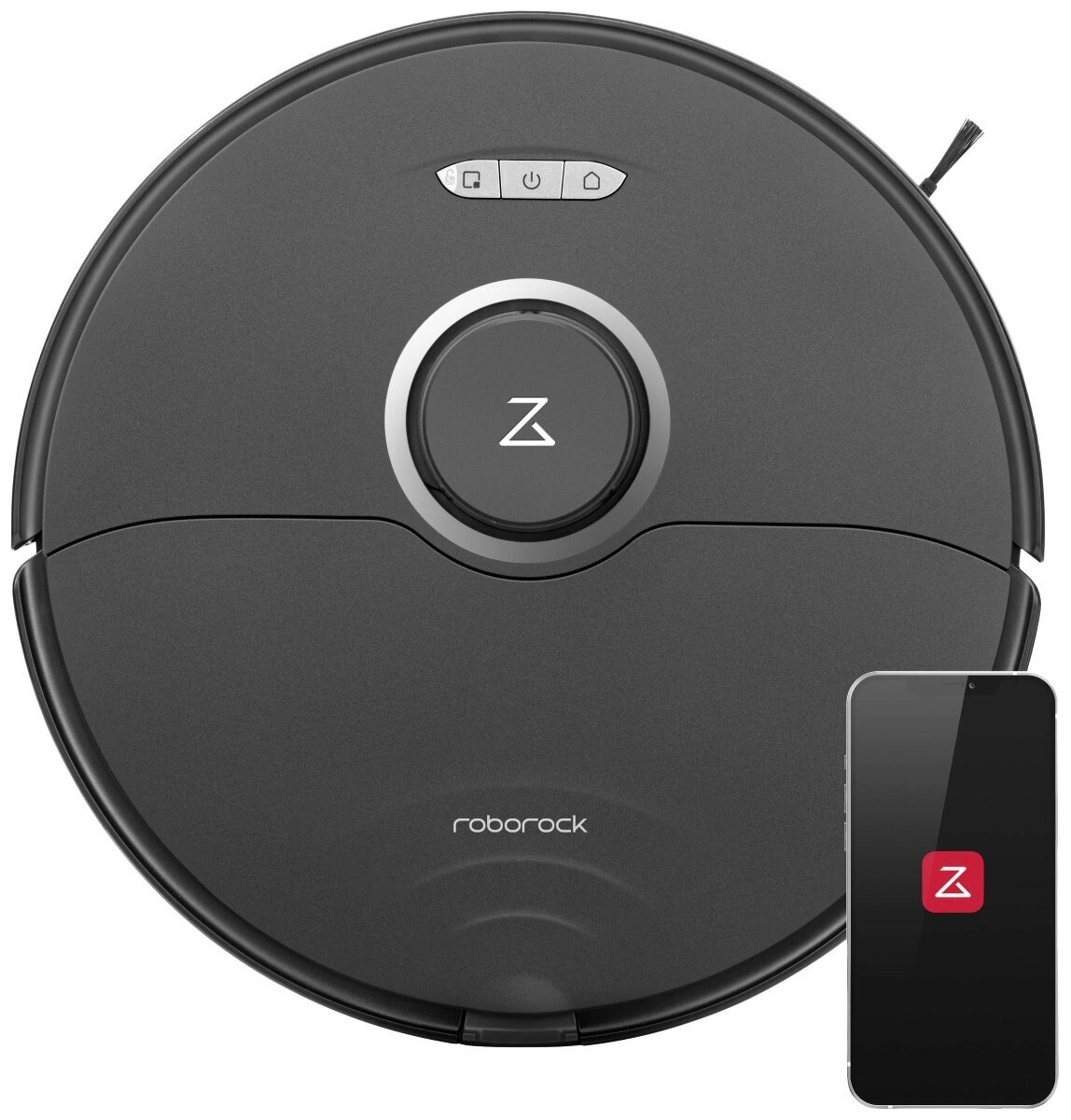 Ciemnoszary robot odkurzający i smartfon z pasującym interfejsem aplikacji.