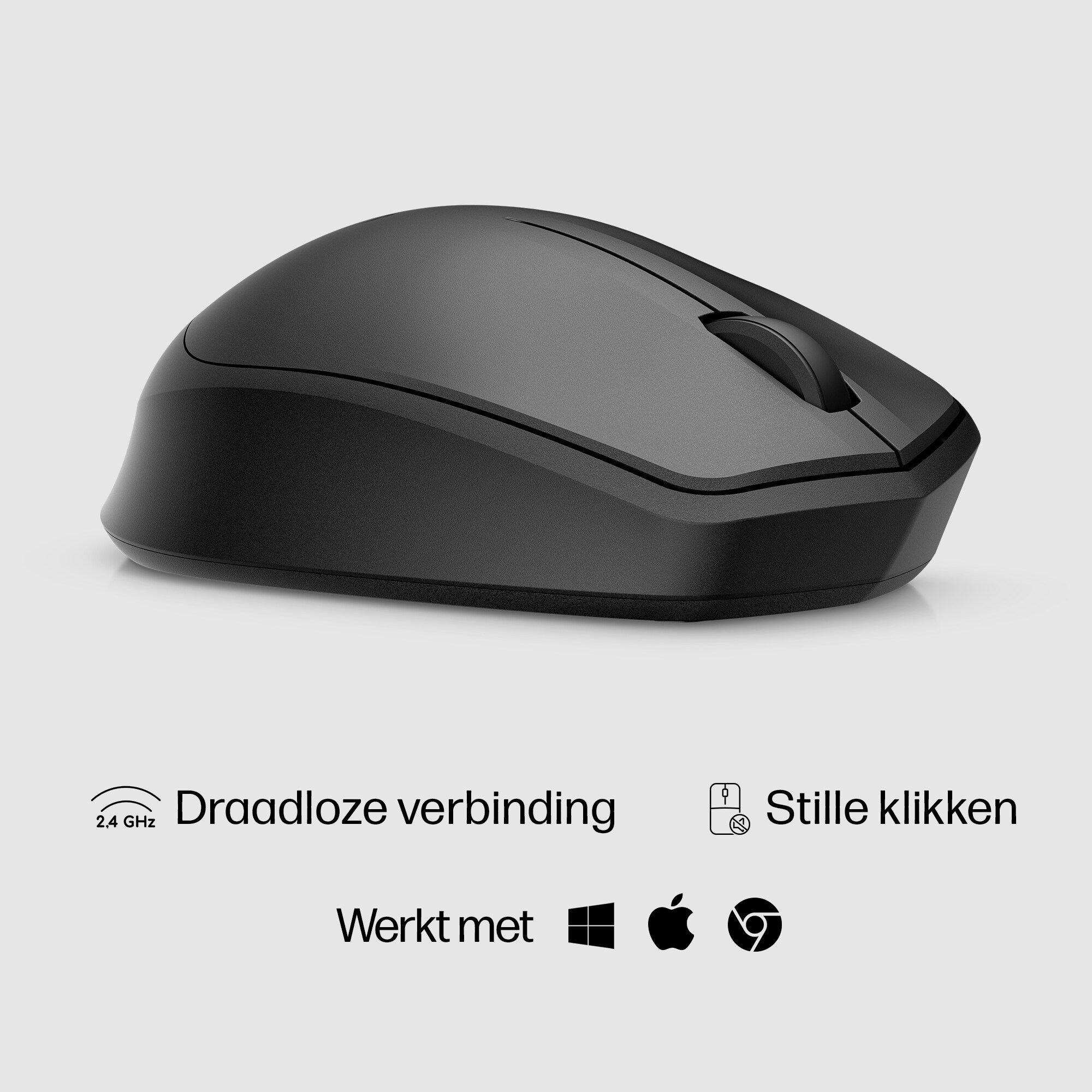 Black wireless computer mouse with icons describing features: wireless, silent clicks, and compatibility.