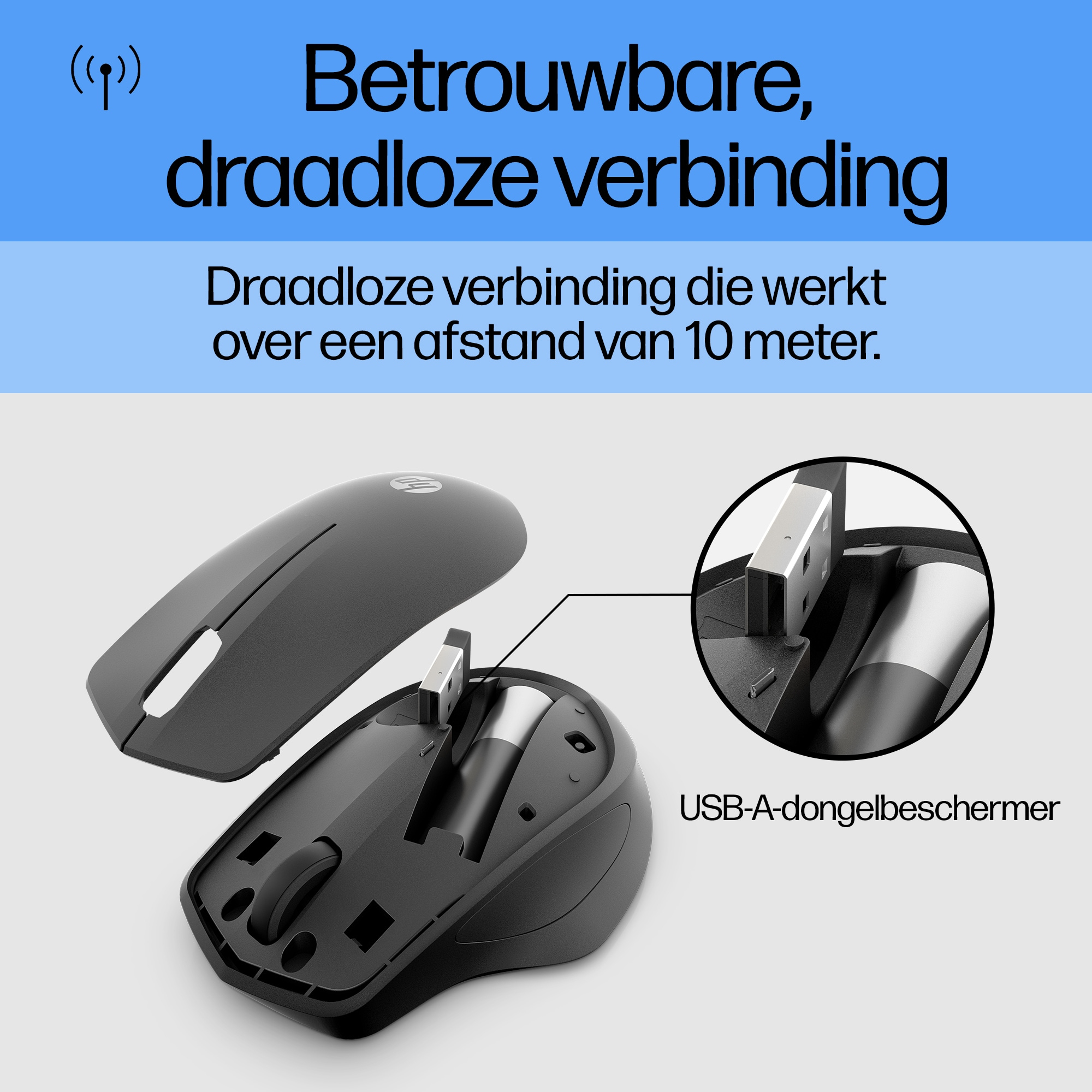 Black wireless mouse with a USB receiver, close-up on the receiver and mouse base.