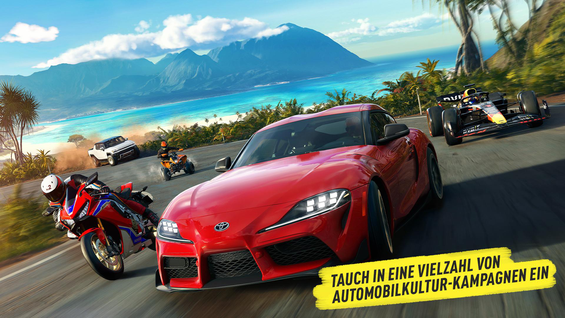 Rennwagen und Motorräder auf einer Straße mit tropischem Hintergrund, Spielwerbung.