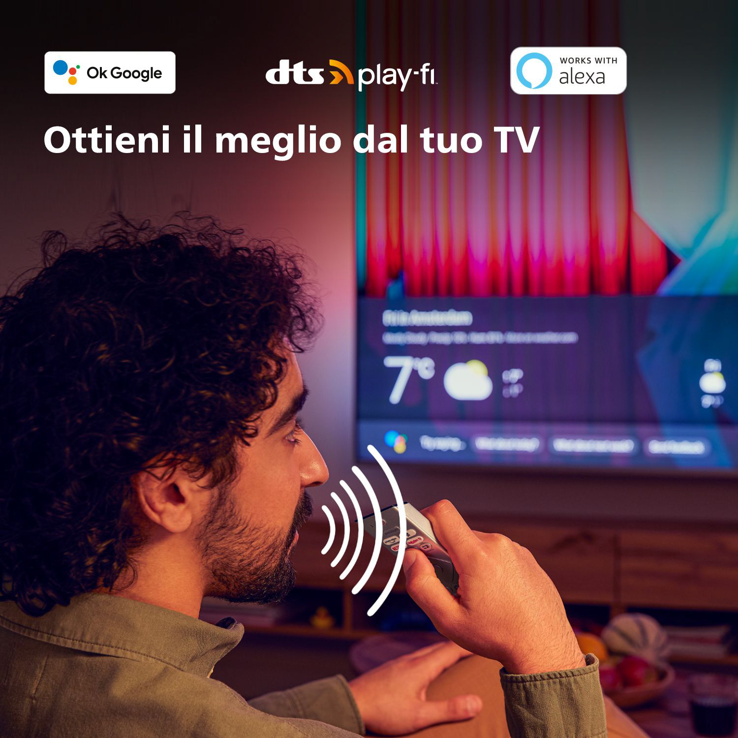 Un uomo parla a una TV. Lo schermo mostra informazioni meteo. Il logo di Ok Google è visibile.