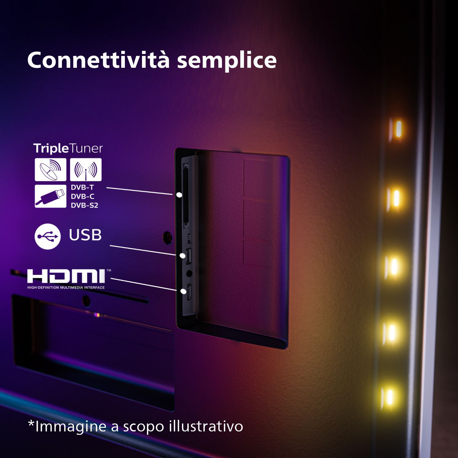 Pannello posteriore TV con ingressi. Include USB, HDMI e TripleTuner. Testo: Connettività semplice.