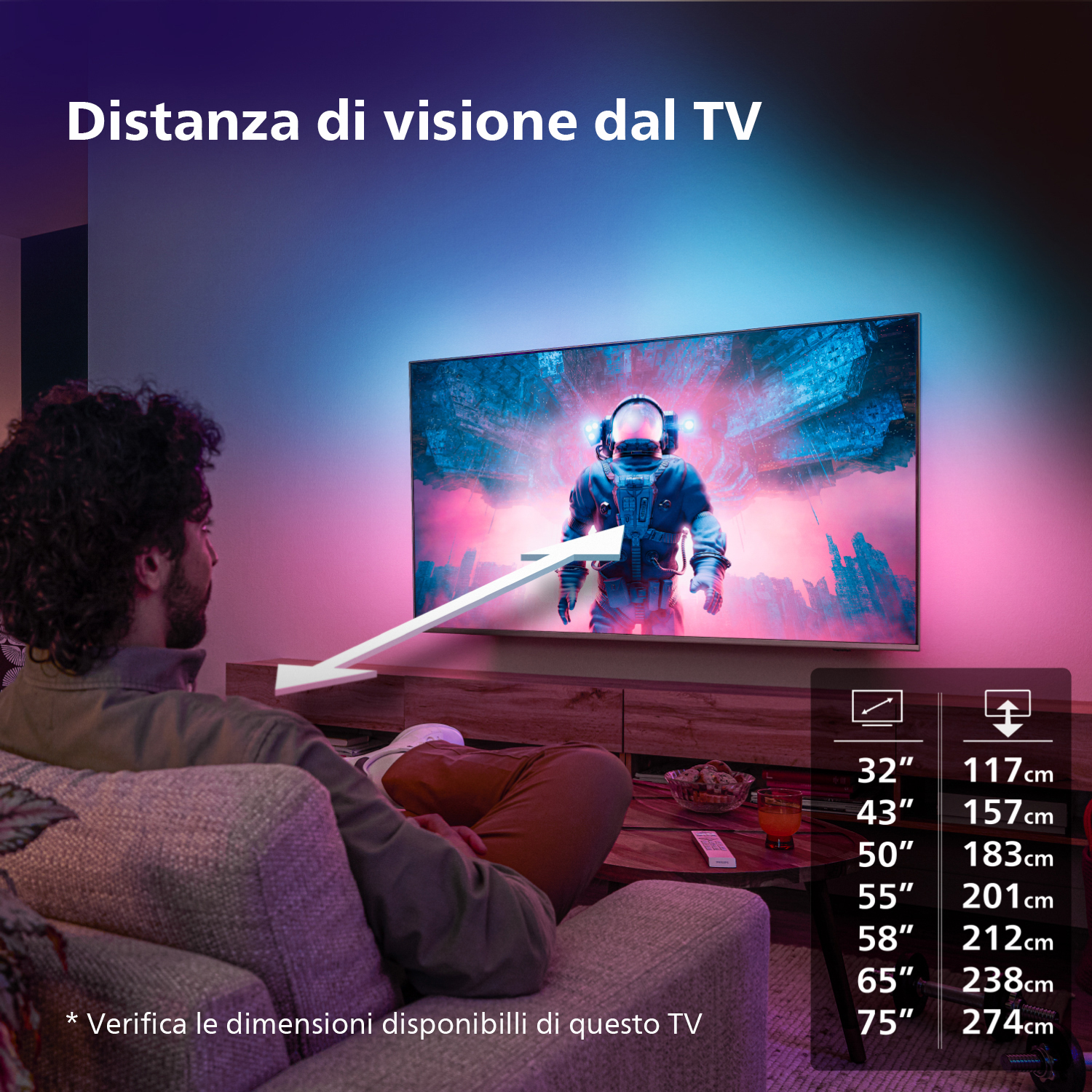 Un uomo guarda una TV con una scena spaziale, con informazioni sulla distanza di visione.