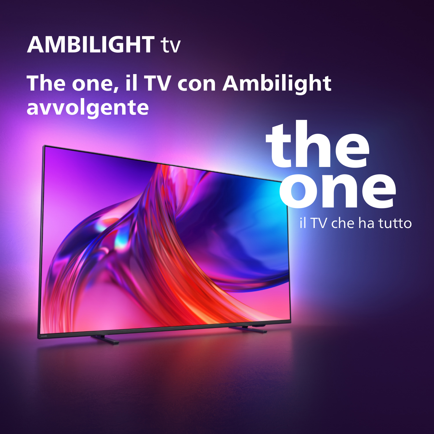 Una TV moderna con schermo scuro, su sfondo viola, con la scritta 'the one'.