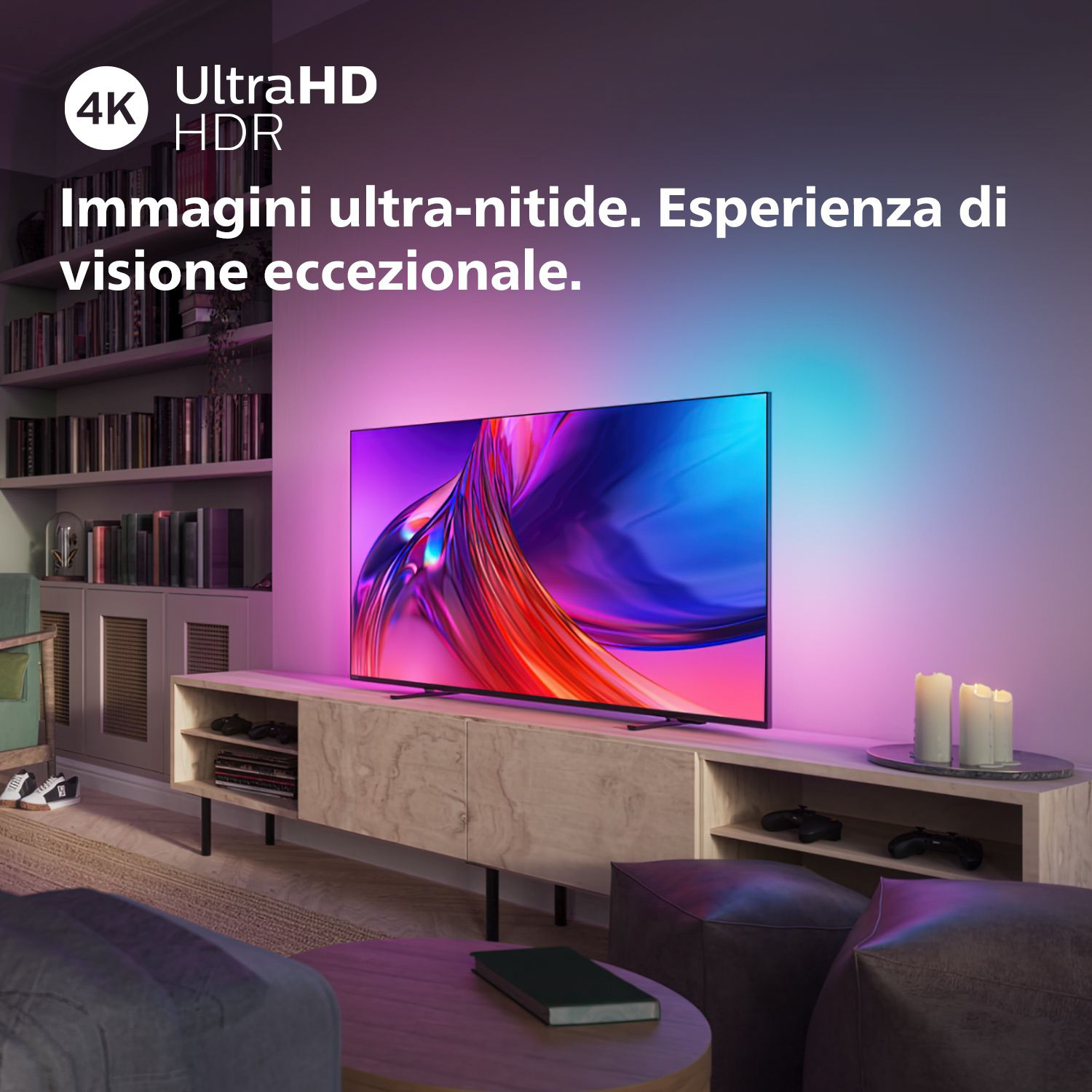 Un televisore che mostra un'immagine colorata, con testo sovrapposto: '4K UHD HDR'.