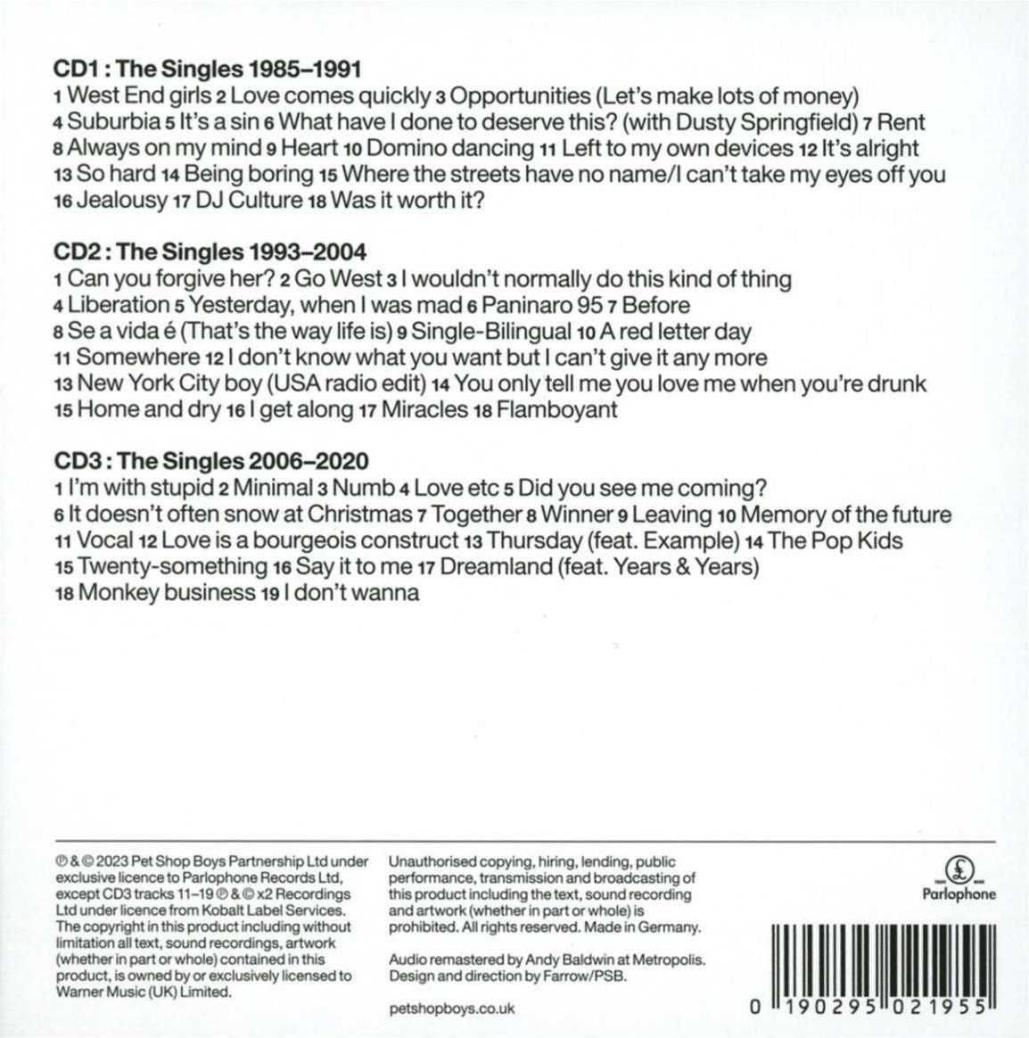 Egy CD füzet dalszövegekkel. A szöveg három CD számát sorolja fel: 'The Singles 1985-1991', stb.