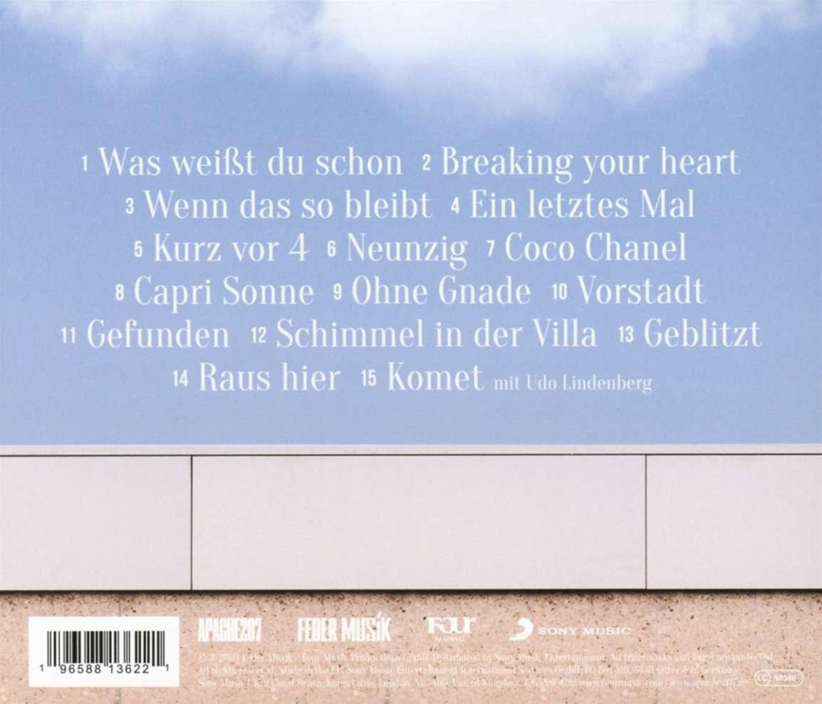 Die Rückseite einer CD-Hülle mit deutschem Text, der Songtitel auflistet.