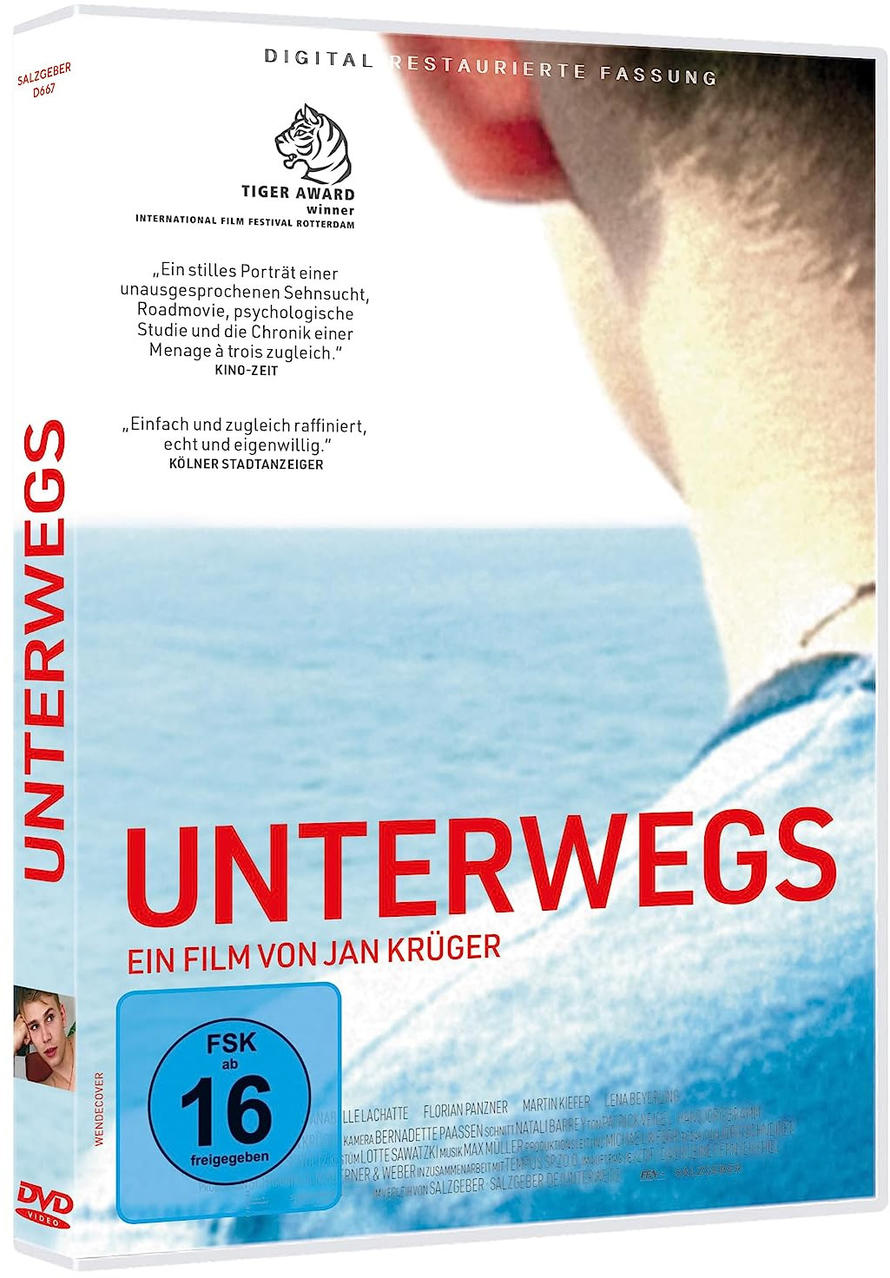 DVD-Cover für den Film 'Unterwegs' mit einer Nahaufnahme des Gesichts einer Person.