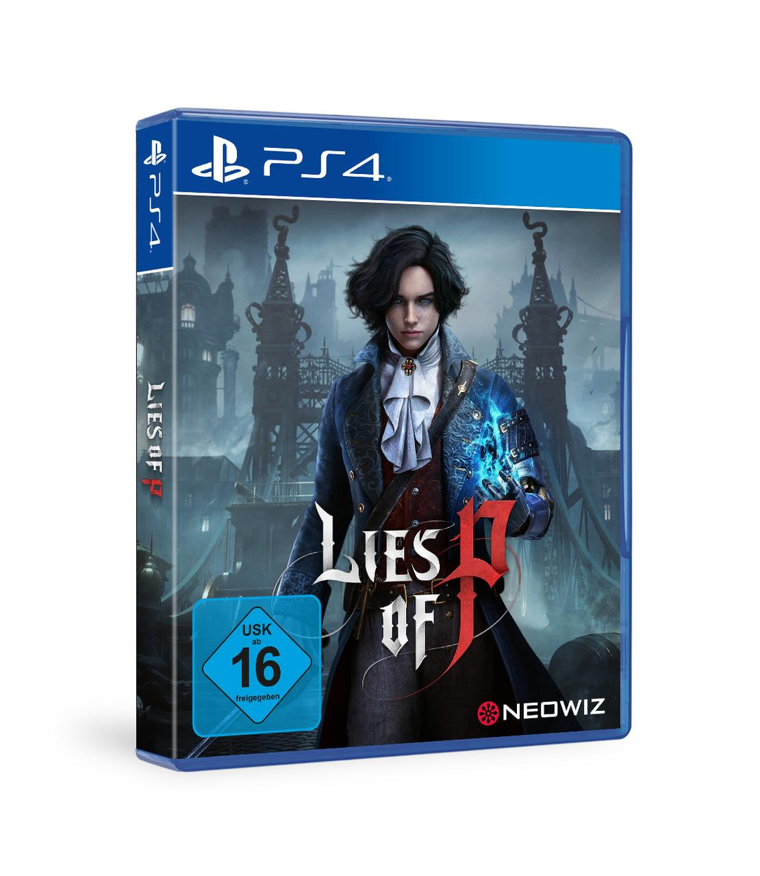 PS4-Spielcover für 'Lies of P'. Zeigt einen Mann mit blauer Magie und eine dunkle Stadt im Hintergrund.