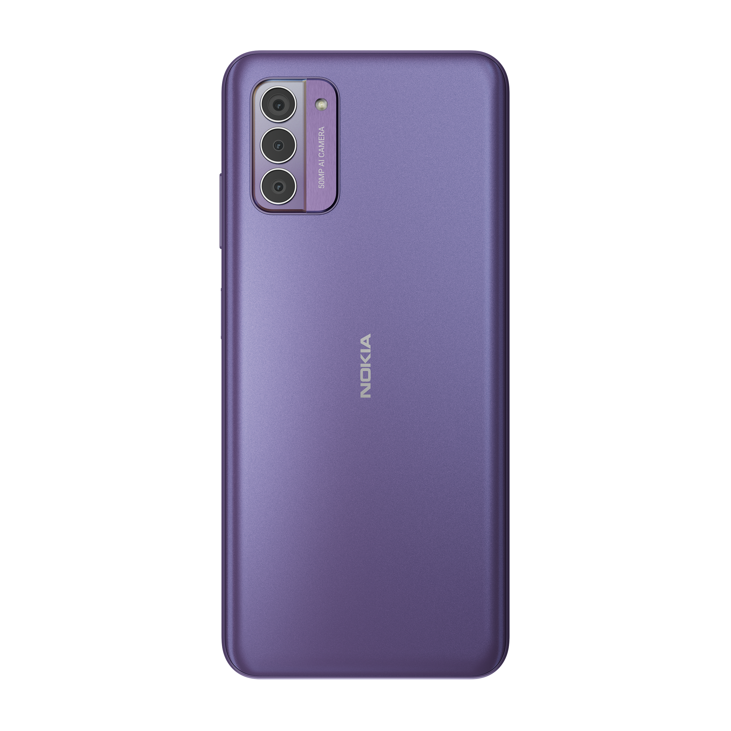 Lila Nokia Smartphone, Rückansicht, mit Dreifachkamera und Nokia-Logo.