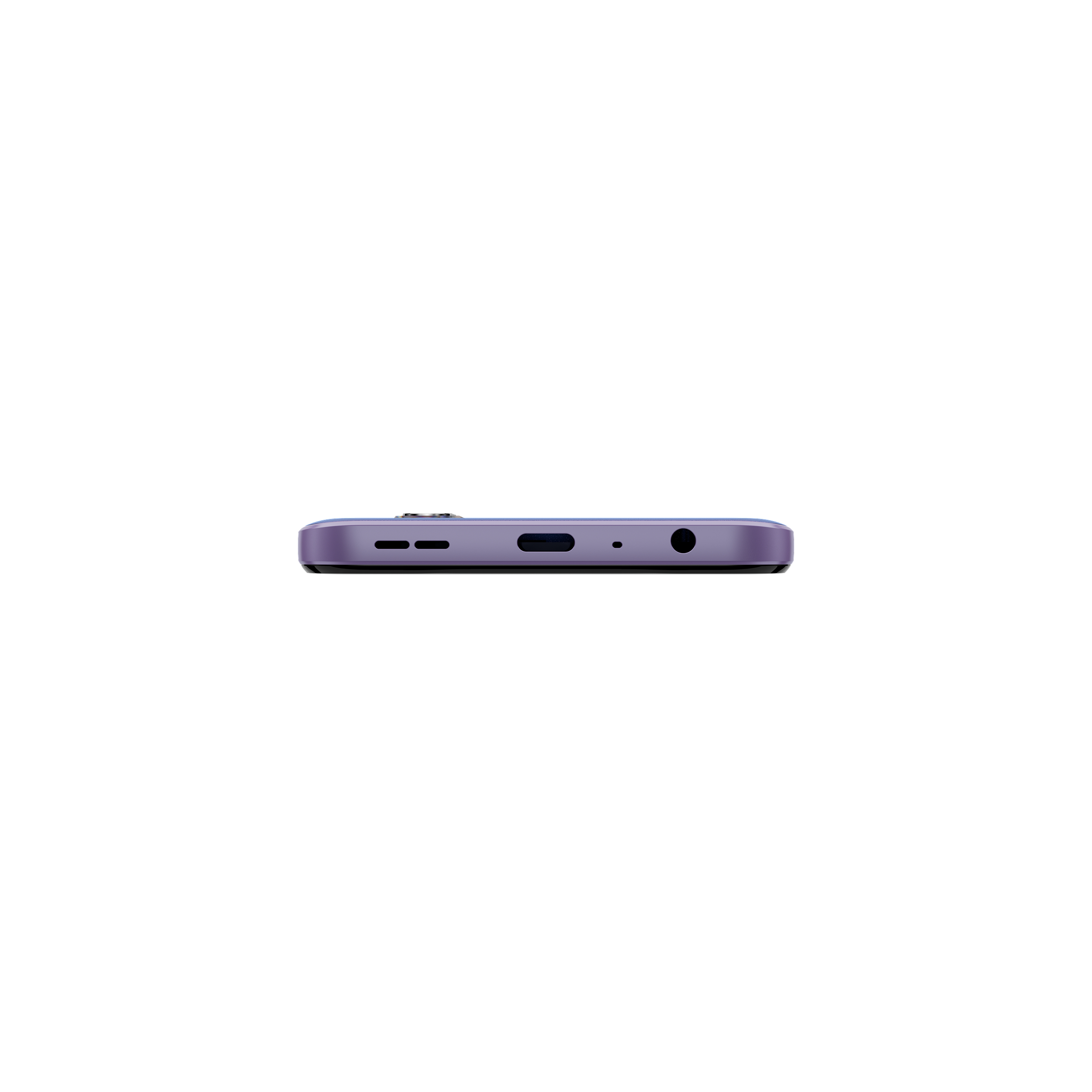 Die Unterkante eines lilafarbenen Smartphones, mit Anschlüssen und Tasten.