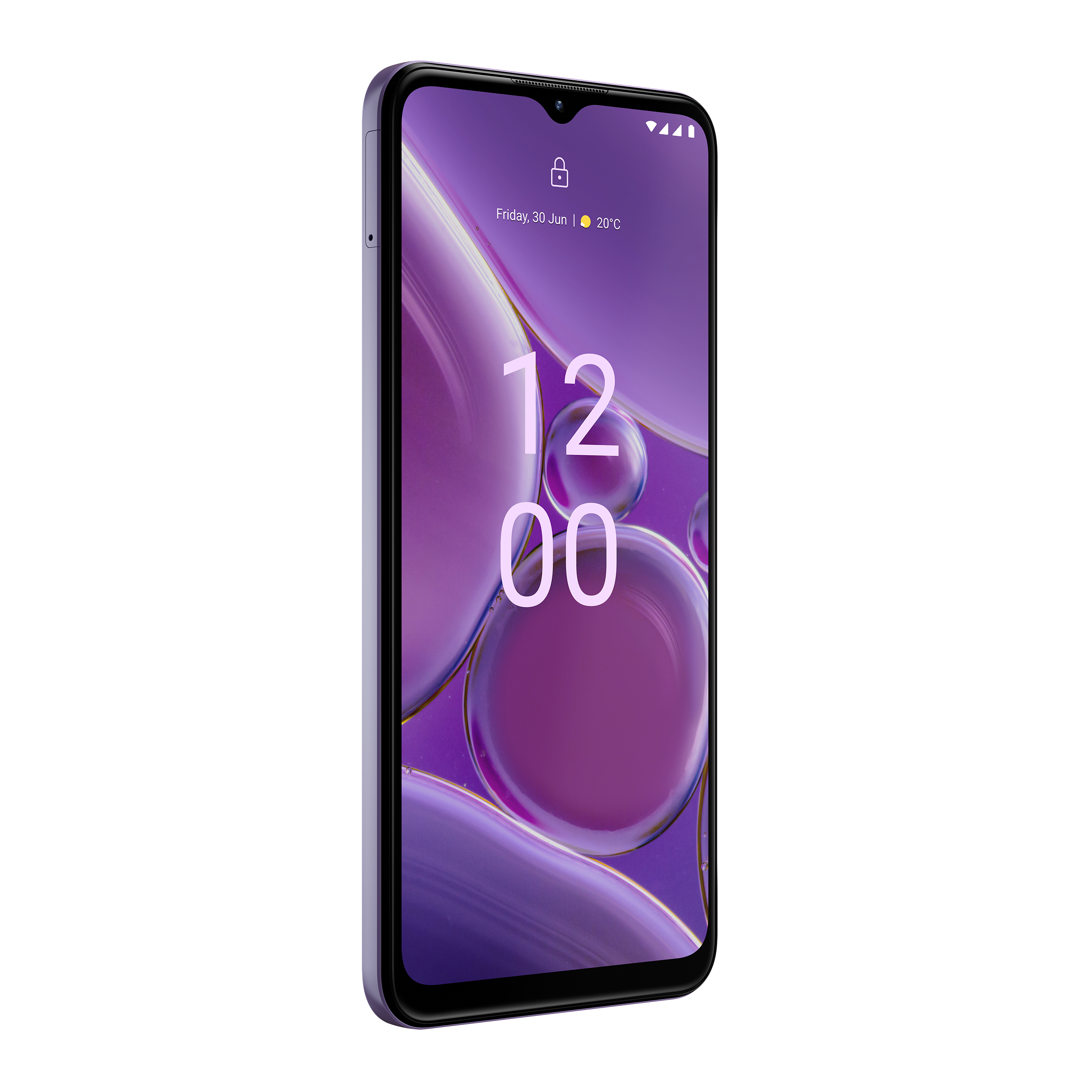 Lila Smartphone mit Sperrbildschirm, der die Uhrzeit und eine Blasen-Tapete anzeigt.