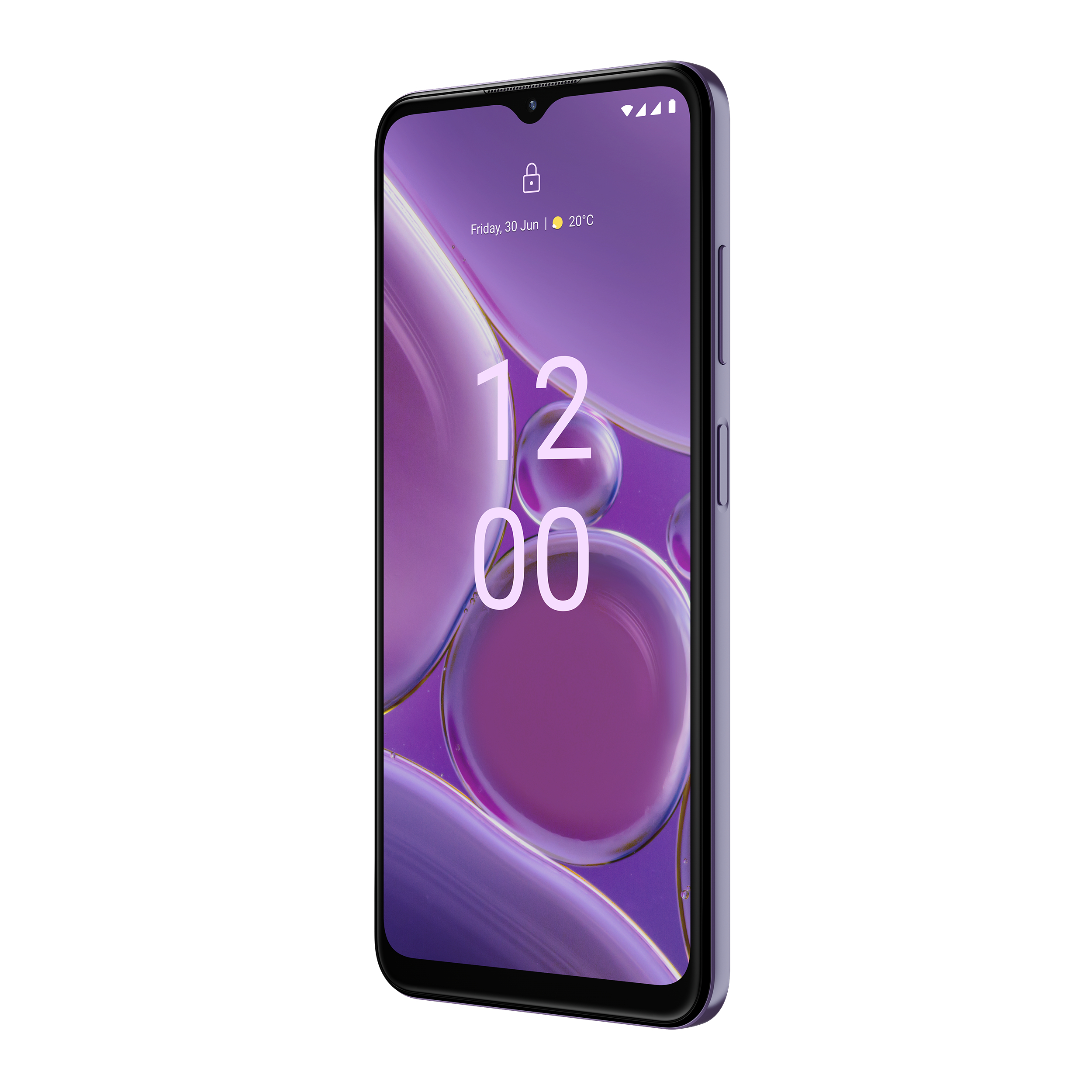 Ein lila Smartphone zeigt die Uhrzeit 12:00 und ein Vorhängeschloss-Symbol.