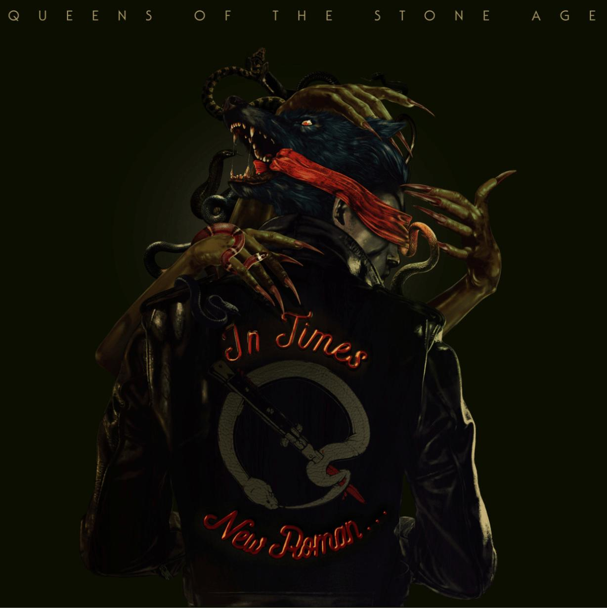 Albumcover: eine Person mit einem wolfsähnlichen Wesen und einer Jacke mit der Aufschrift 'In Times New Roman'.