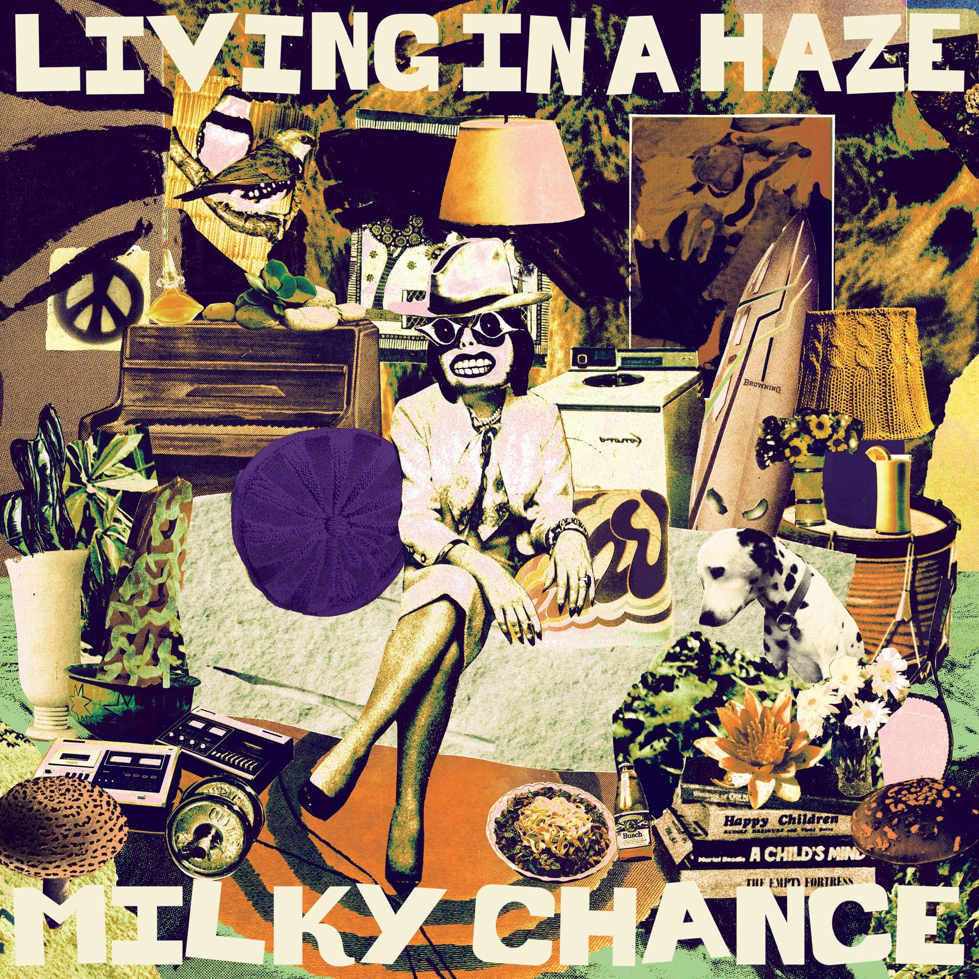 Kollázs napszemüveges személlyel. Tartalmaz egy dalmátot, hangszereket, növényeket, ételeket és a "MILKY CHANCE" szöveget.