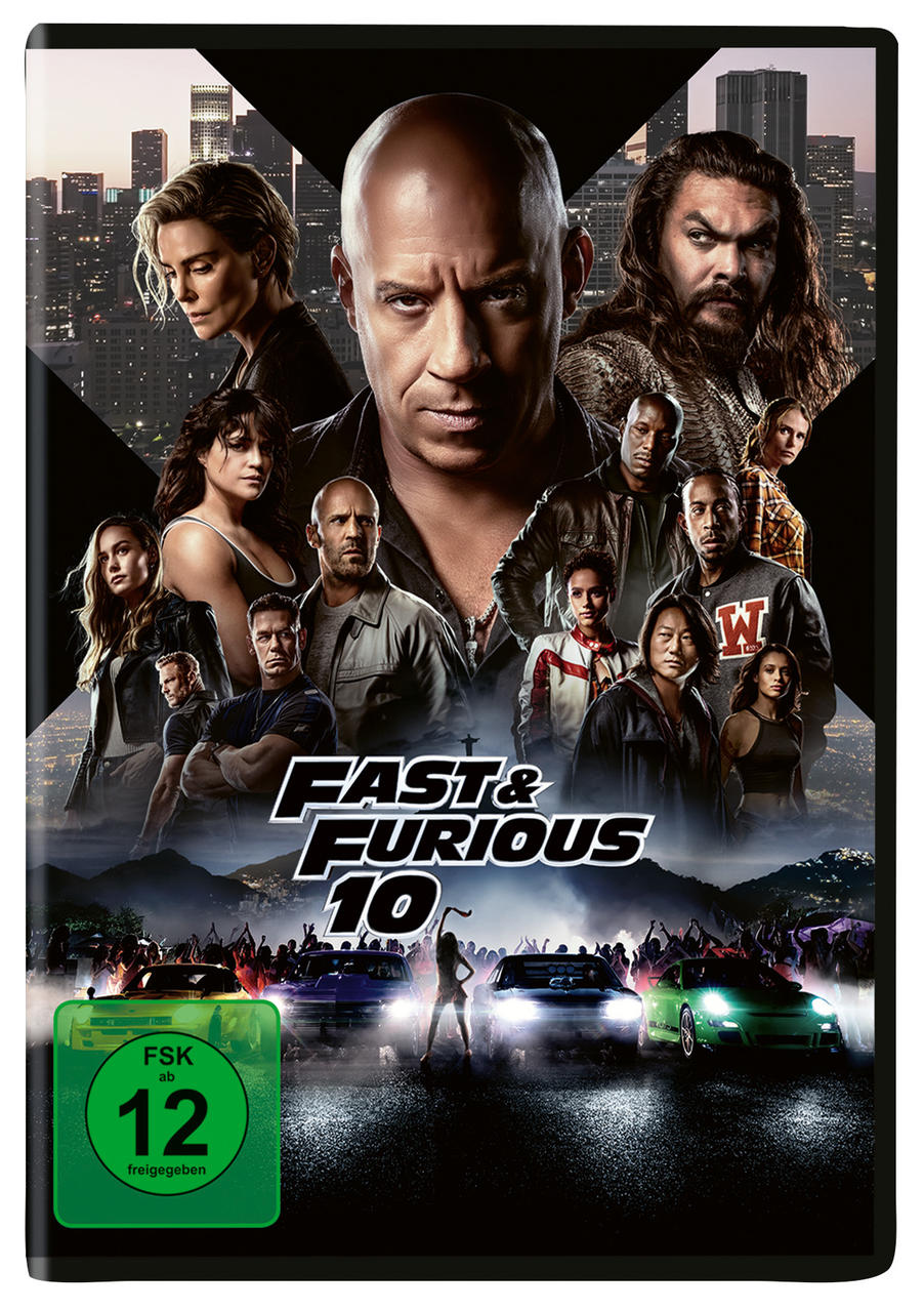 Film-DVD-Cover mit mehreren Schauspielern und dem Titel 'Fast & Furious 10'.
