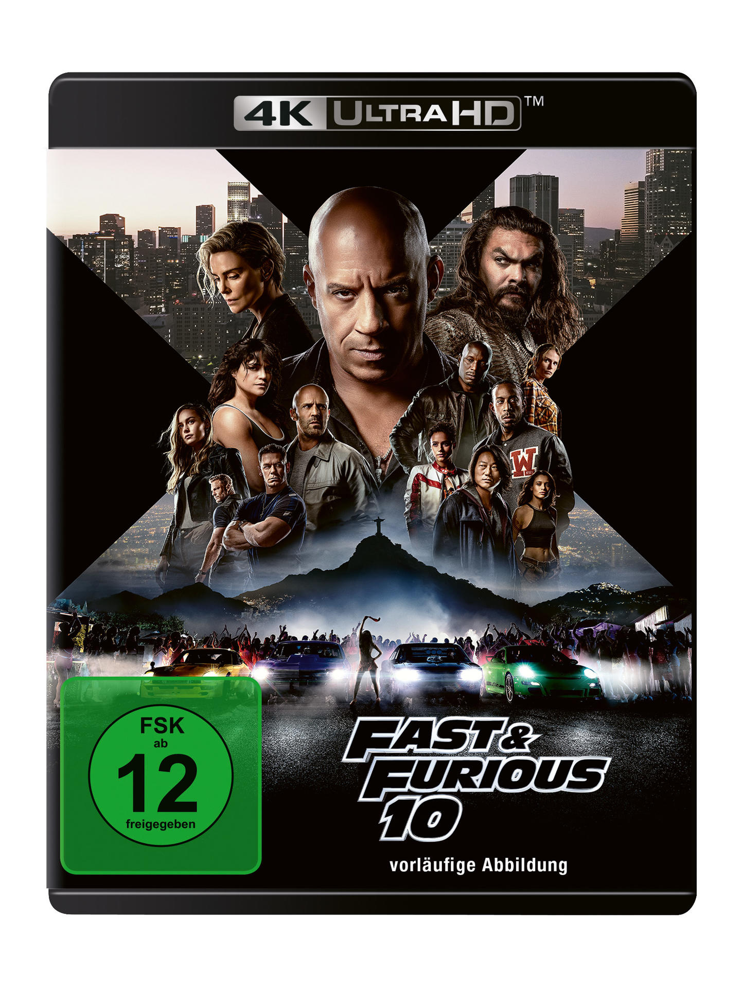 Fast & Furious 10 Filmcover. Mit Schauspielern und einem Stadtbild im Hintergrund.