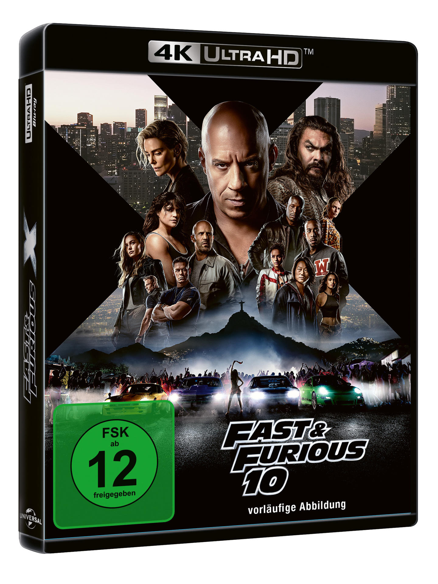 Filmcover von Fast & Furious 10. Zeigt eine Gruppe von Schauspielern und Rennwagen.