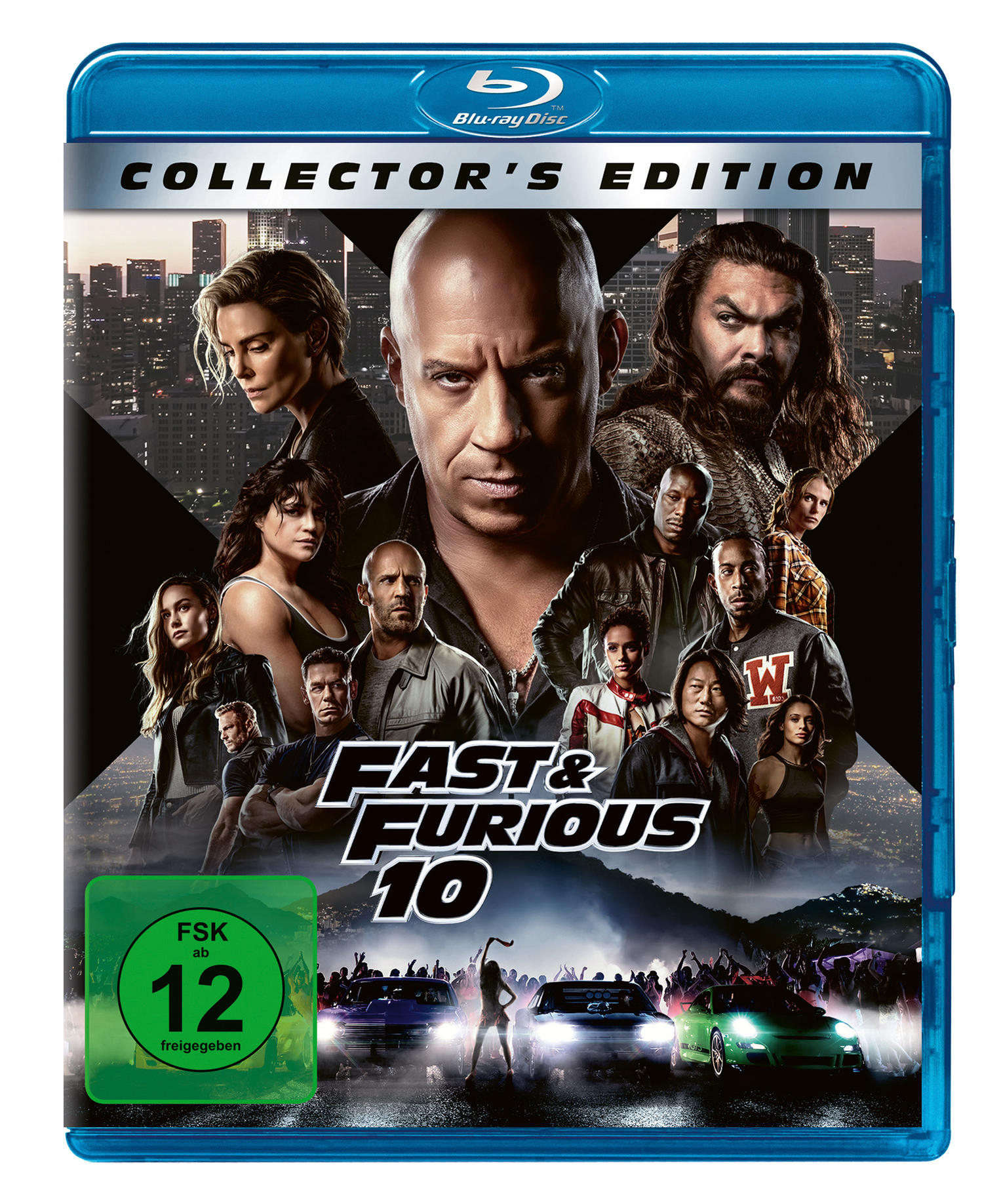 Fast & Furious 10 Blu-ray Cover. Schauspieler, Autos und Stadtszene im Hintergrund. Collector's Edition.
