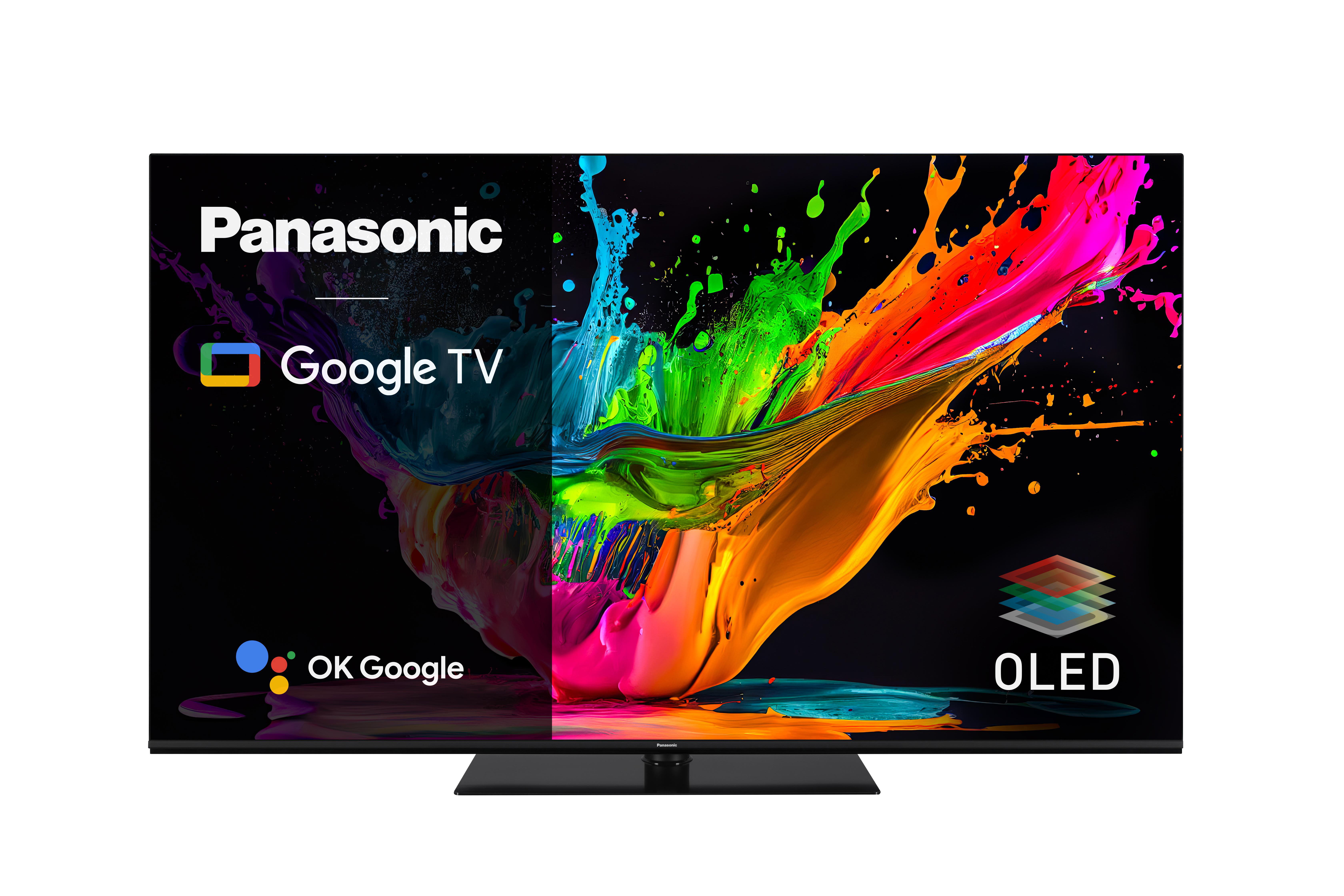 Ein Panasonic OLED-TV zeigt farbenfrohe abstrakte Kunst. Google TV und OLED-Logos sind sichtbar.