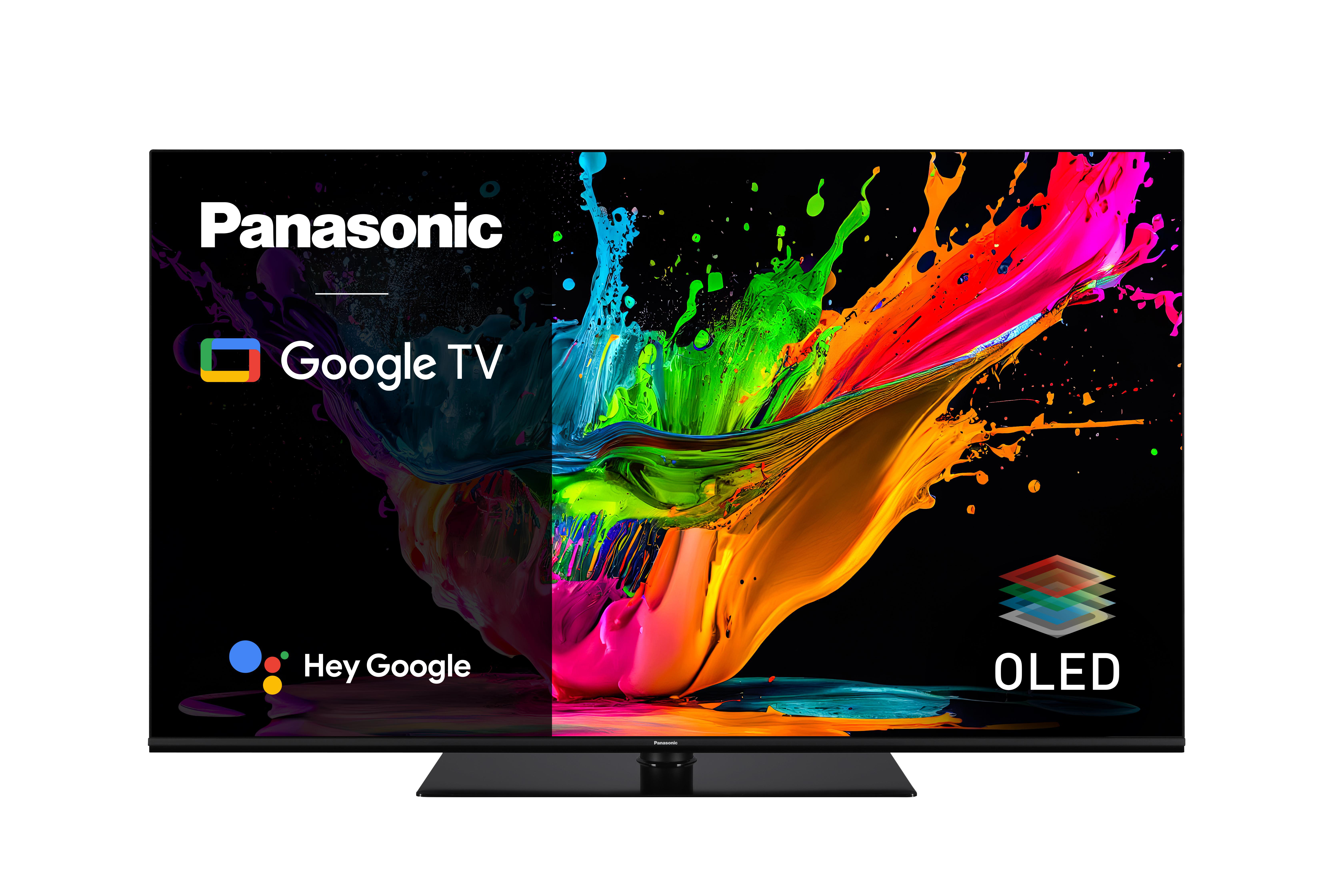 Panasonic Google TV: TV-Bildschirm zeigt farbenfrohen Farbspritzer.