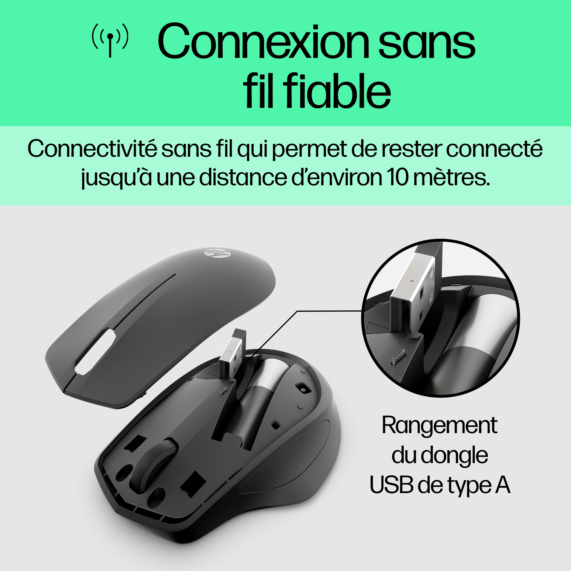 Black mouse with USB dongle. Text explains the connection. Mouse has a scroll wheel and two buttons.