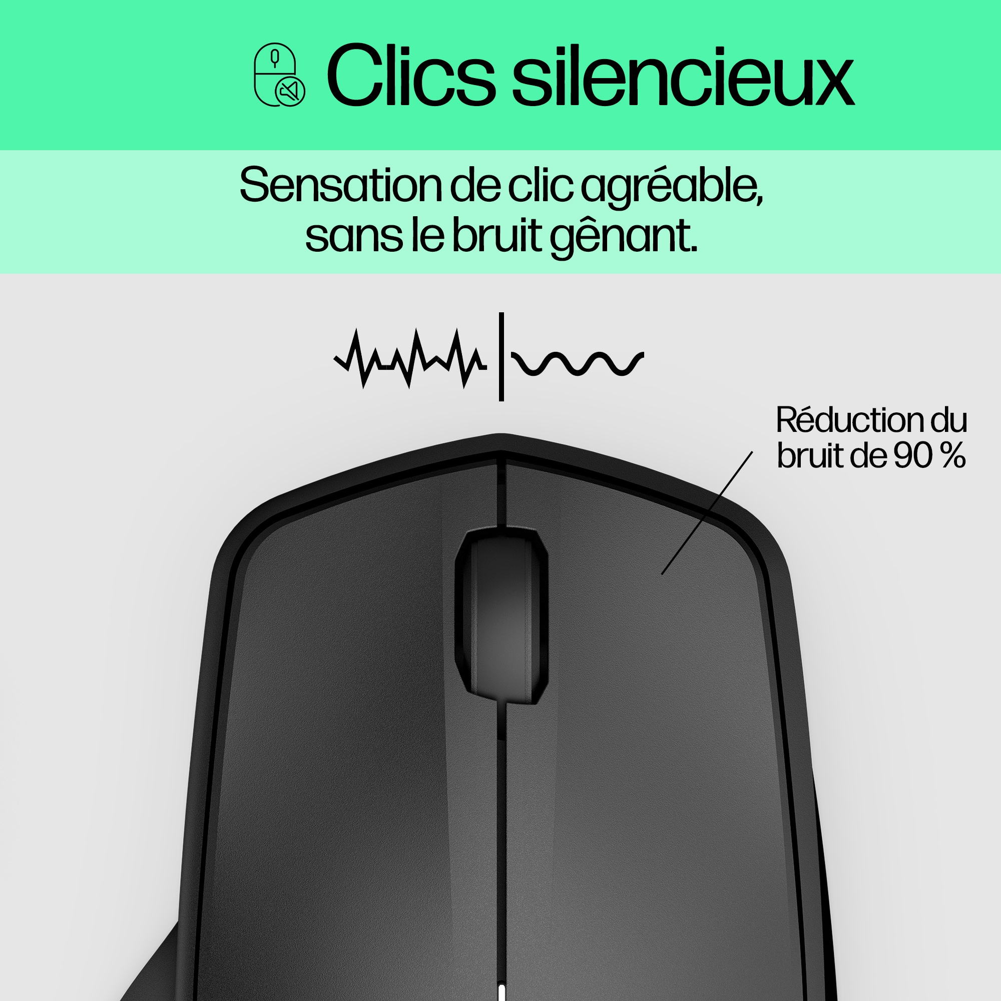 A black mouse with a central scroll wheel is shown, with text indicating noise reduction.