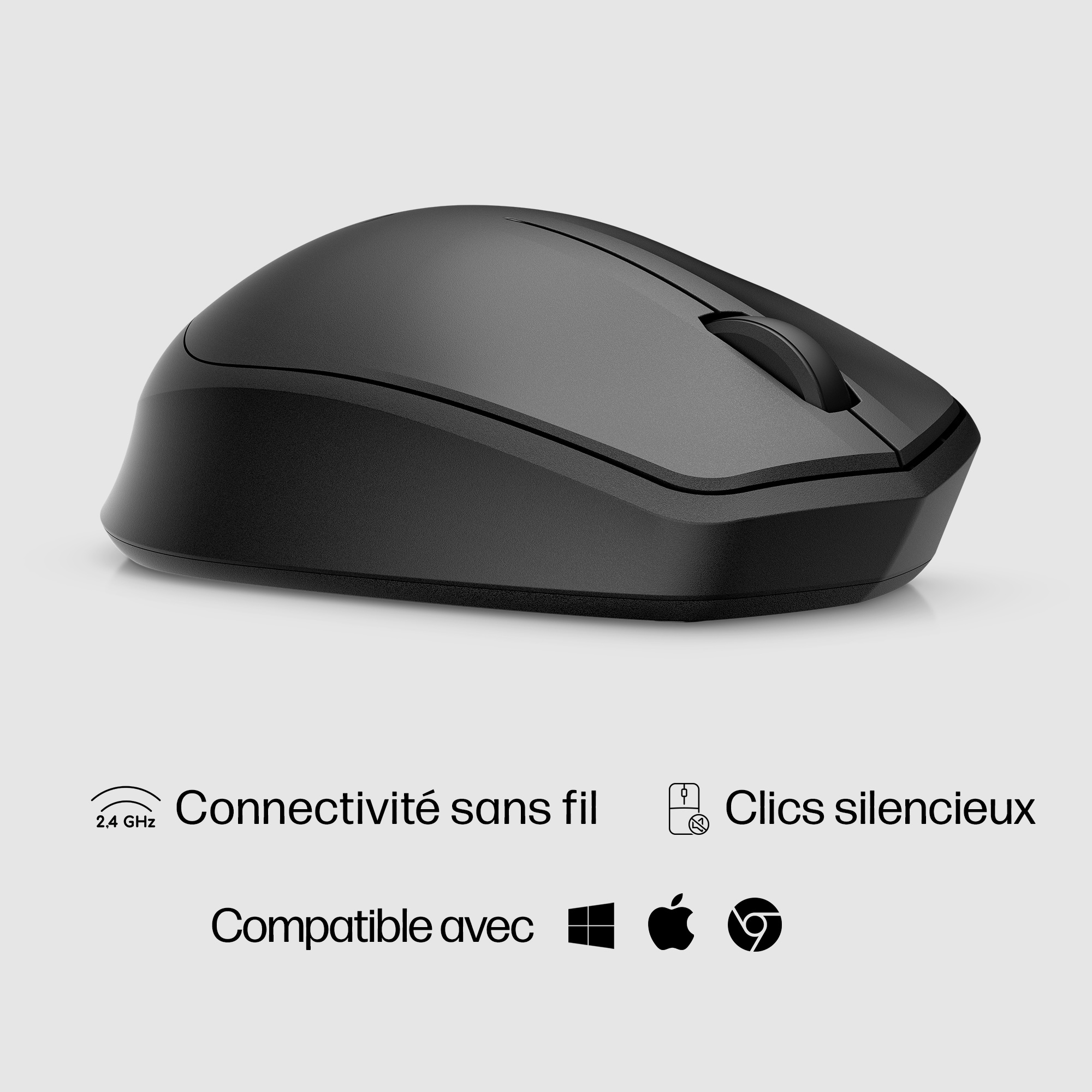 A black wireless mouse with icons indicating wireless and silent clicks.