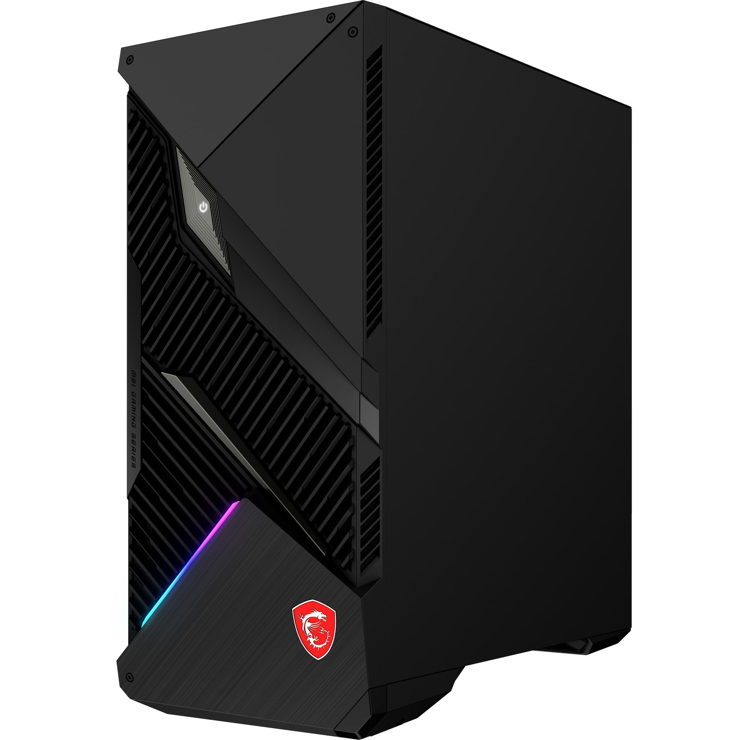 Un boîtier de PC de jeu MSI noir. Il comporte un bouton d'alimentation, des conceptions d'aération, le logo MSI et des accents d'éclairage RVB. Le boîtier est incliné.