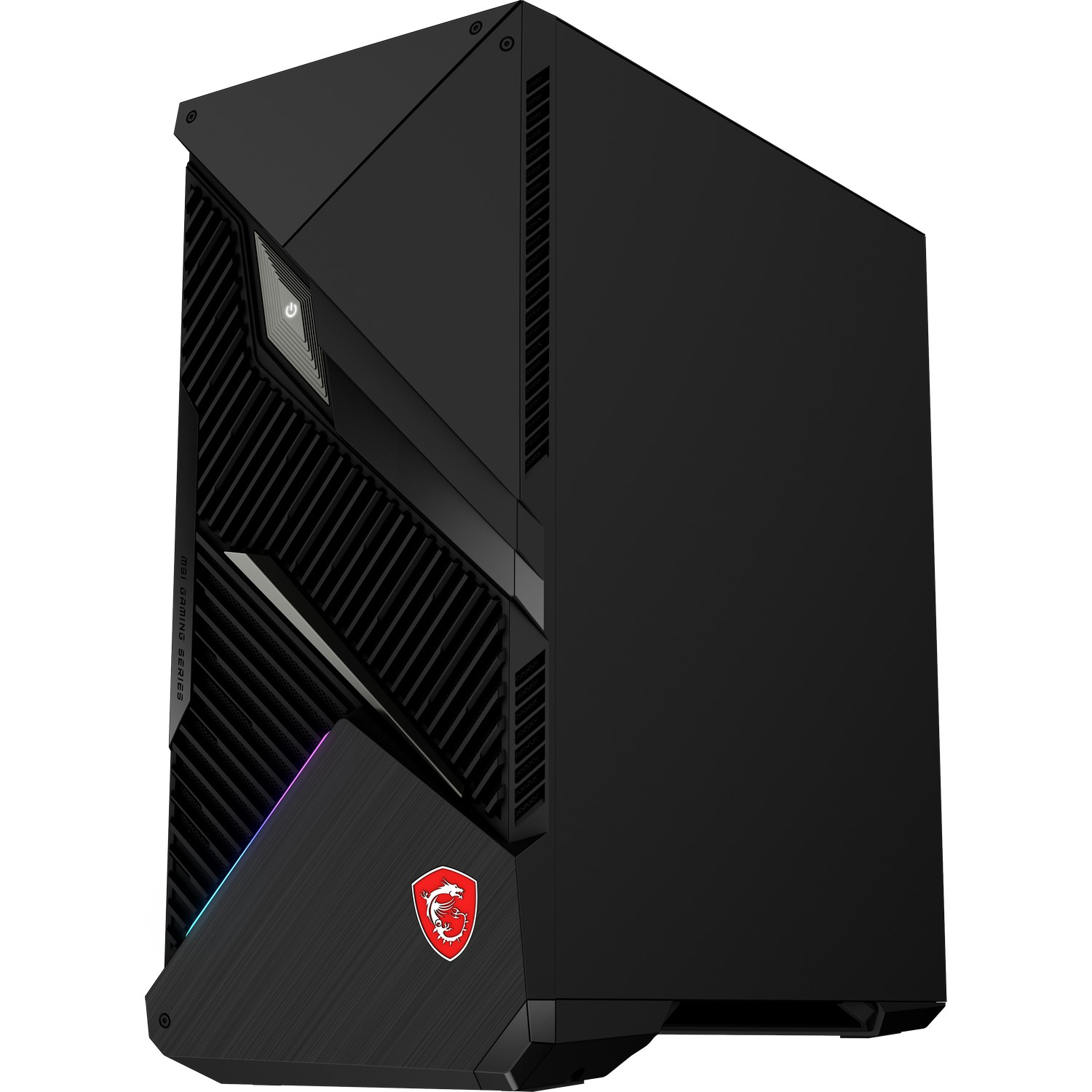 Un ordinateur de bureau MSI Gaming noir. Il a un bouton d'alimentation, un logo et des aérations. Le panneau avant a un design texturé.